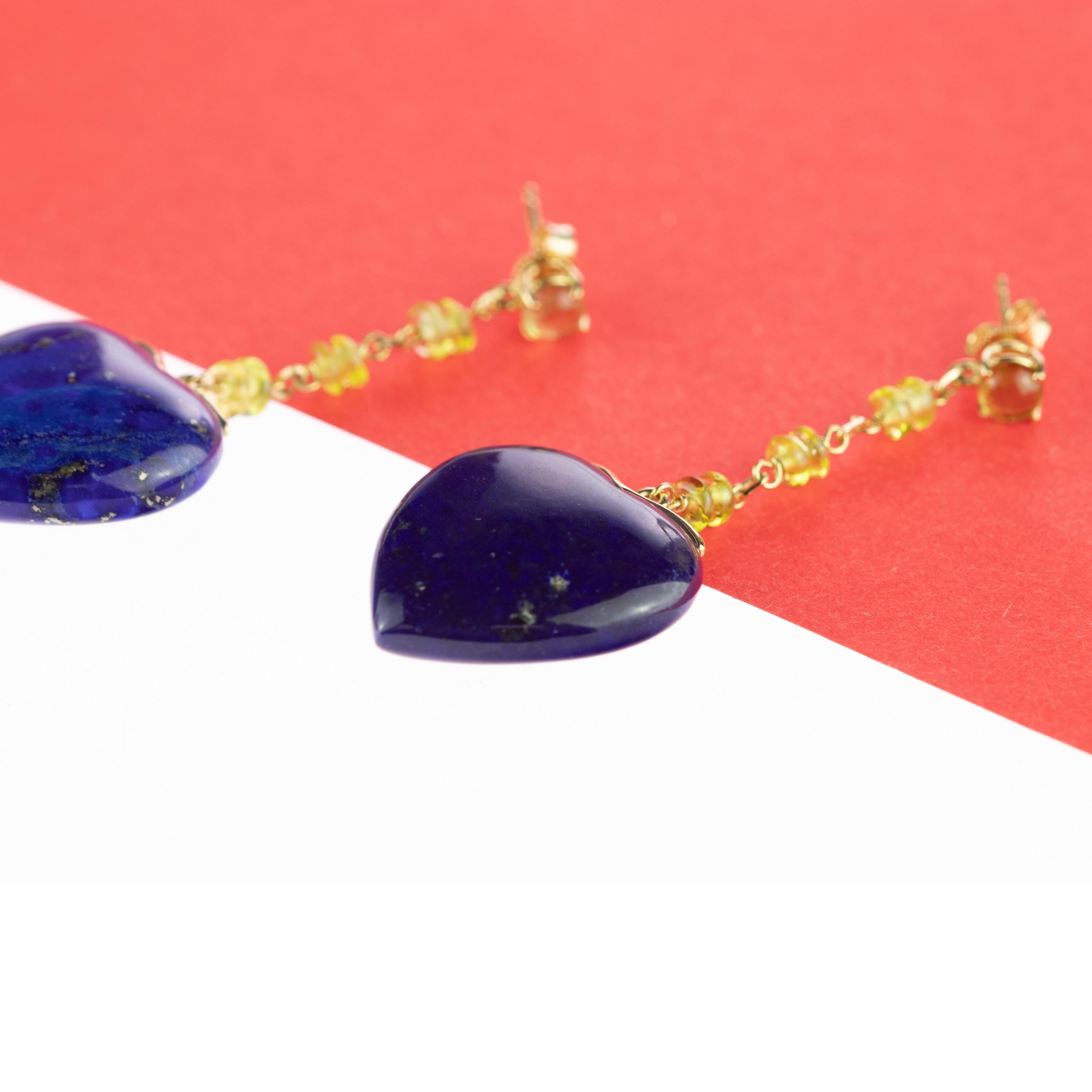 Intini Jewels Lapis Lazuli Peridot Heart 18 Karat Yellow Gold Drop Love Earrings 1