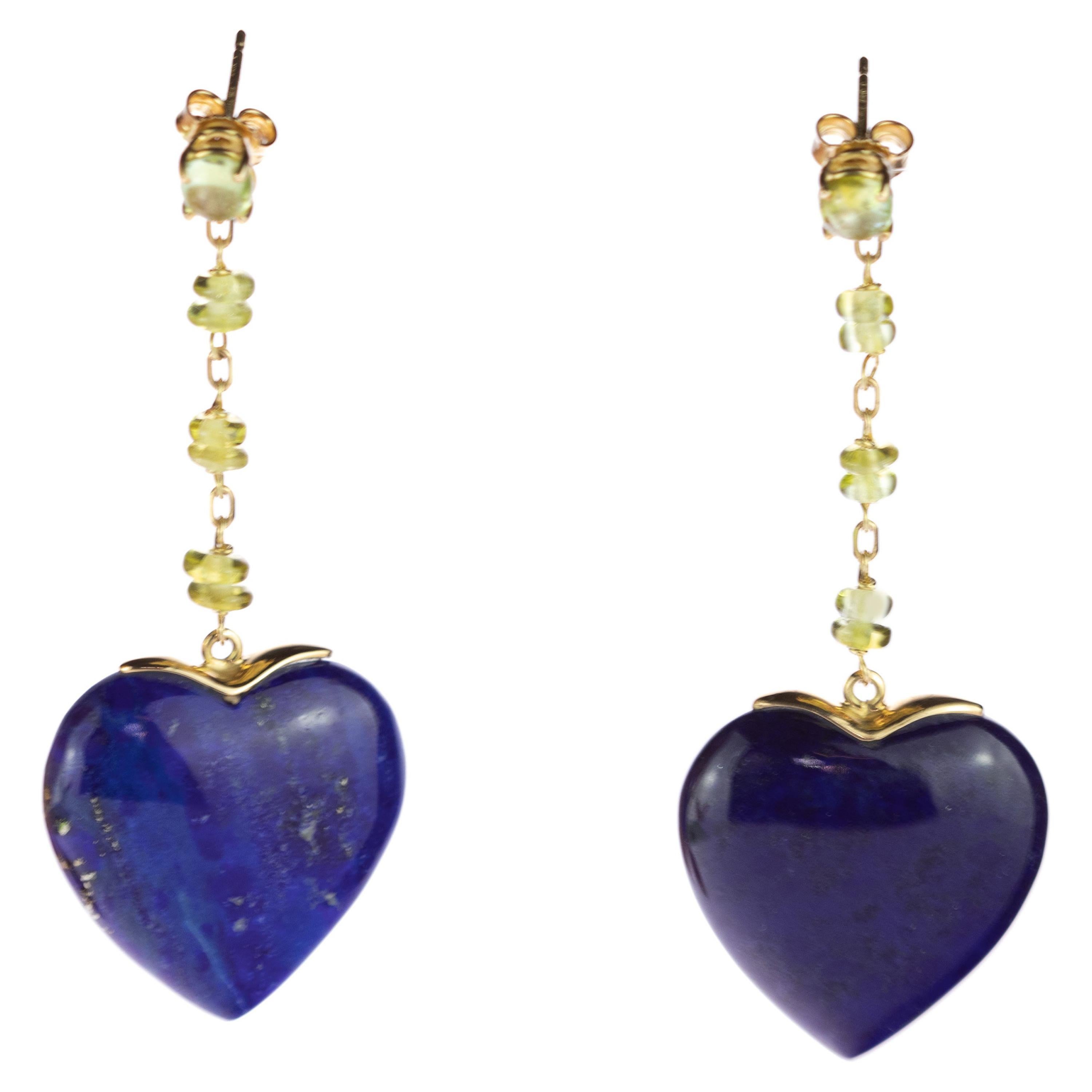 Intini Jewels Lapis Lazuli Peridot Heart 18 Karat Yellow Gold Drop Love Earrings