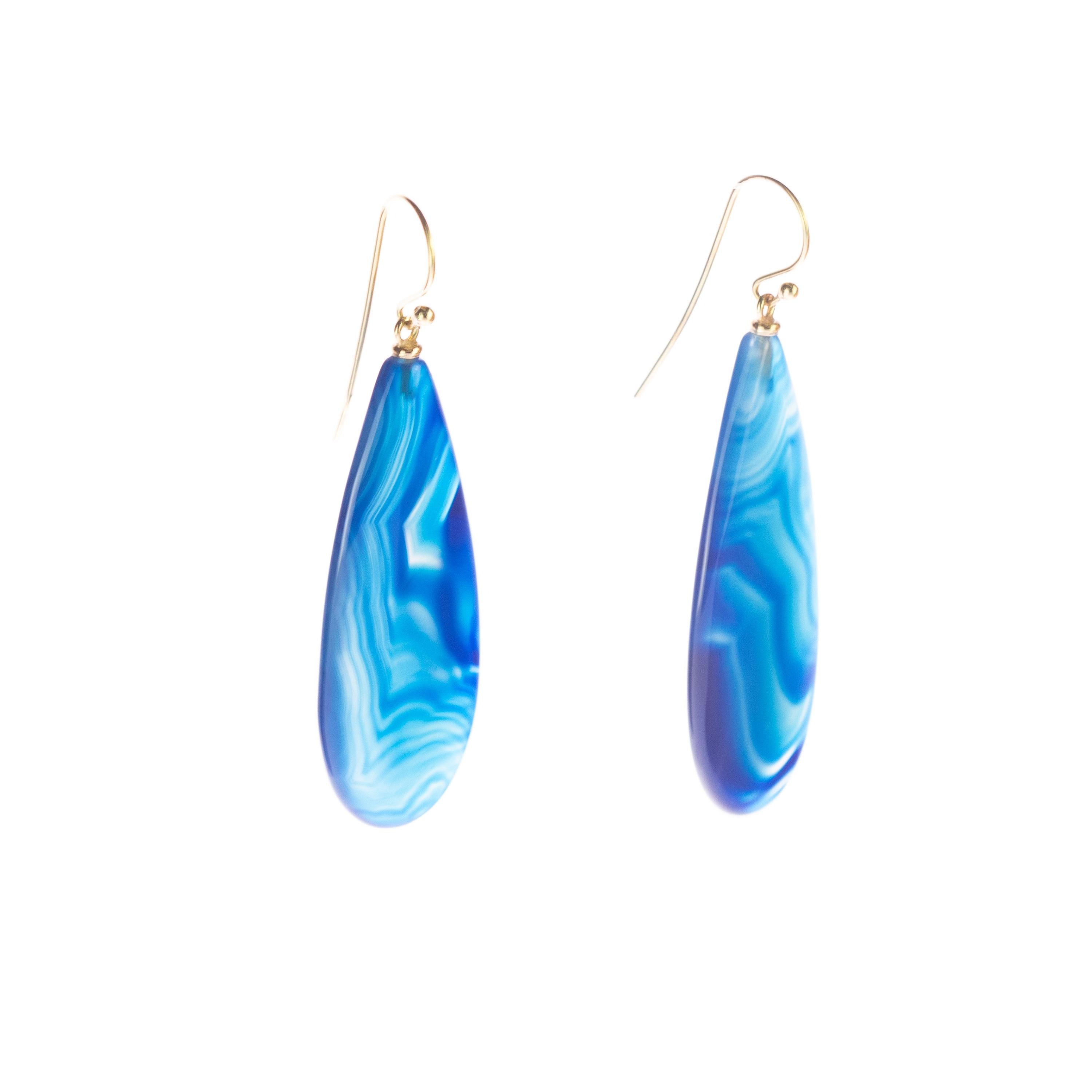 Art Deco Intini Jewels Light Blue Agate Tear Drop 18 Karat Gold Dangle Handmade Earrings For Sale