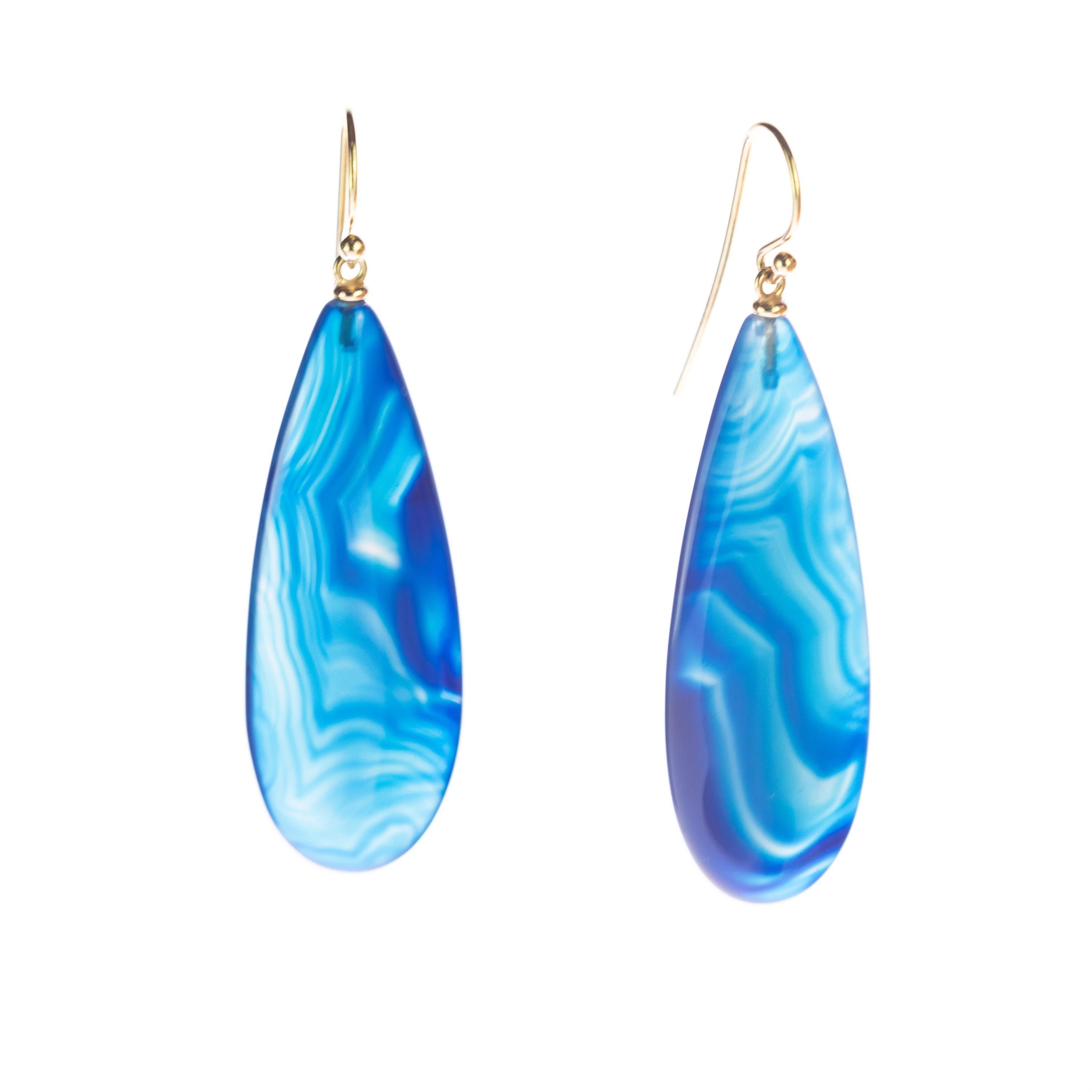Briolette Cut Intini Jewels Light Blue Agate Tear Drop 18 Karat Gold Dangle Handmade Earrings For Sale