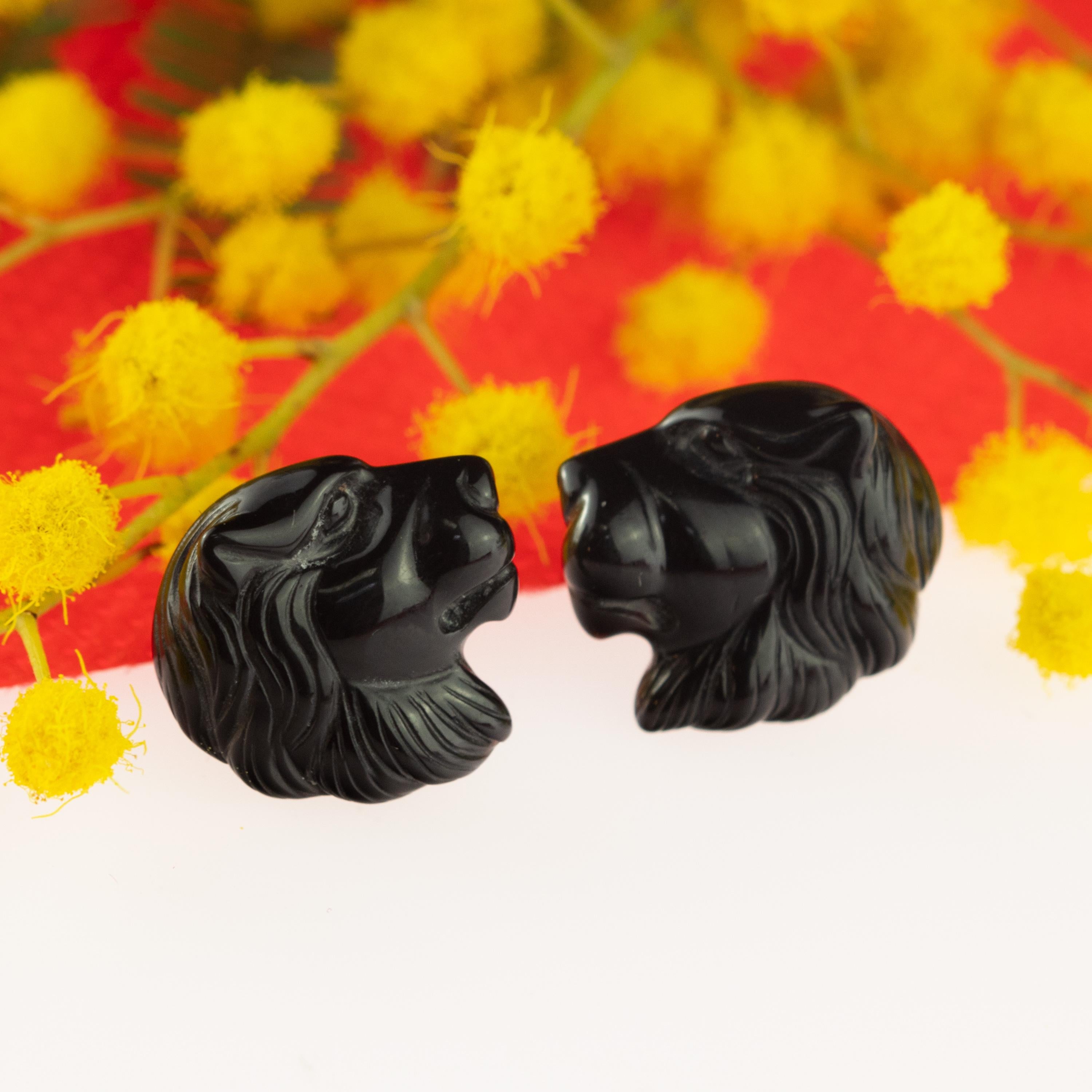 Donna Intini Jewels Testa di Leone in oro 14 carati Agata Nera Orecchini fatti a mano in Italia in vendita