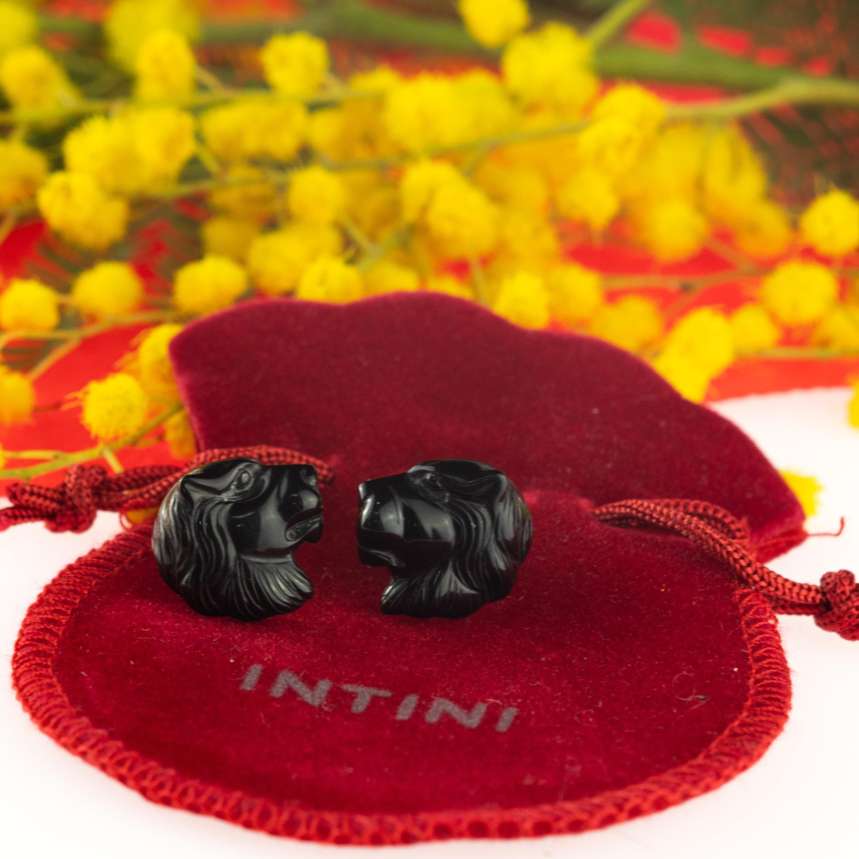 Taglio misto Intini Jewels Testa di Leone in oro 18 carati Agata Nera Orecchini fatti a mano in Italia in vendita
