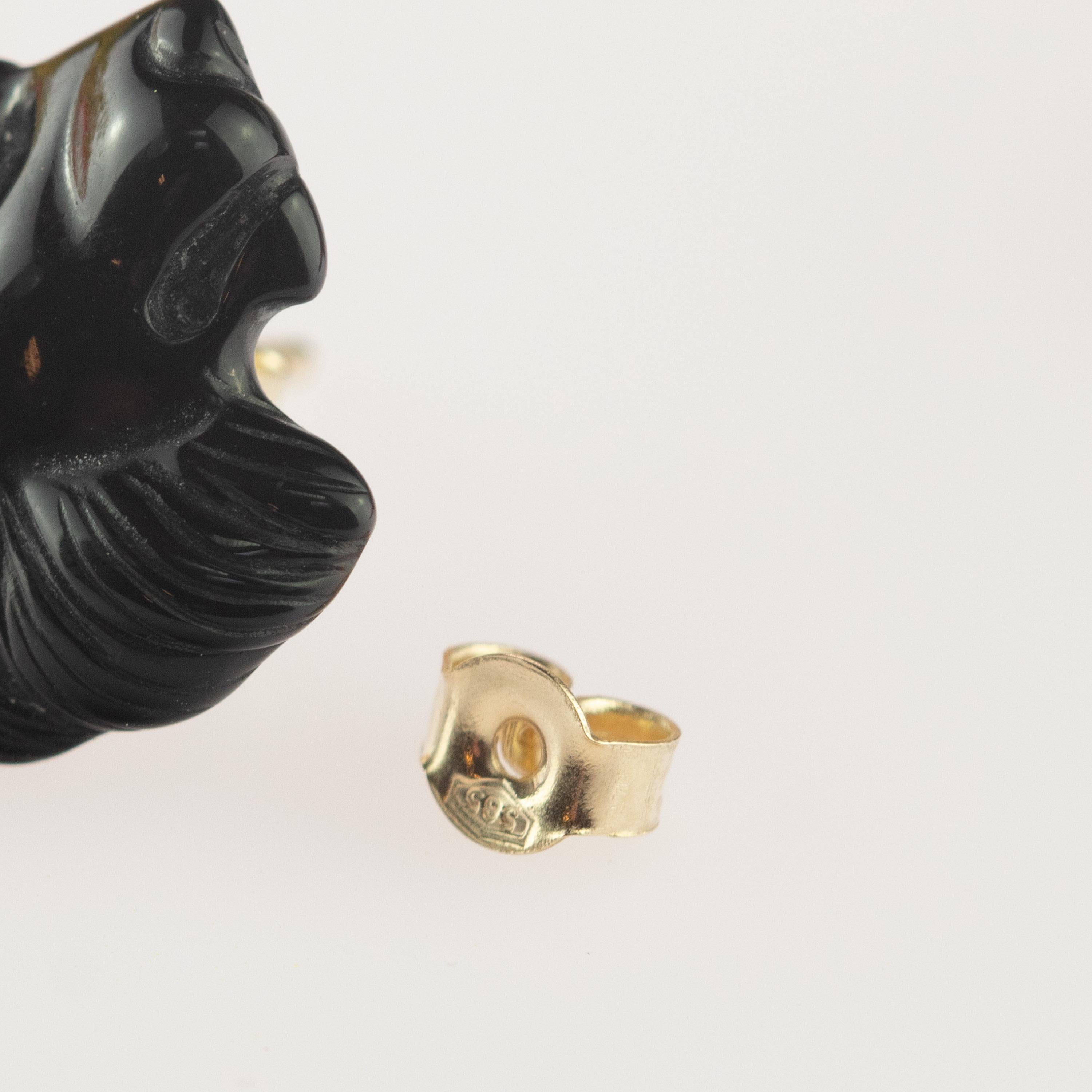 Art Nouveau Intini Jewels Testa di Leone in oro 9 carati Agata Nera Orecchini fatti a mano in Italia in vendita