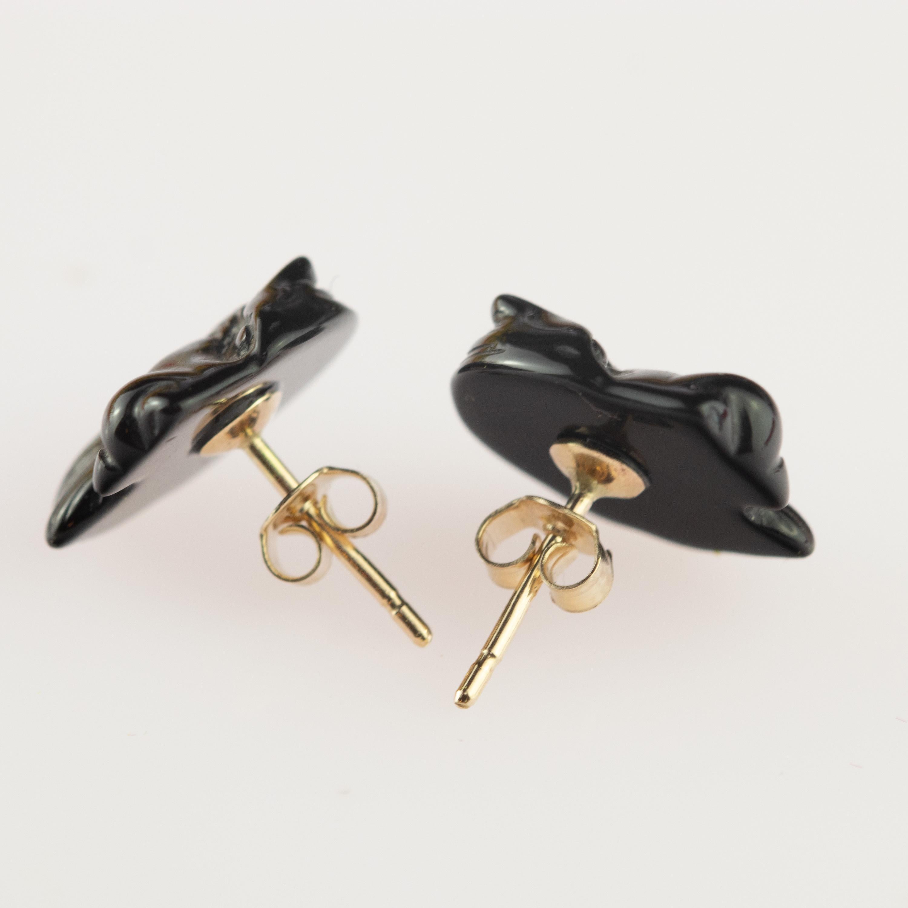 Art Nouveau Intini Jewels Lion Head Gold Plate Black Agate Stud Handmade Italian Earrings For Sale