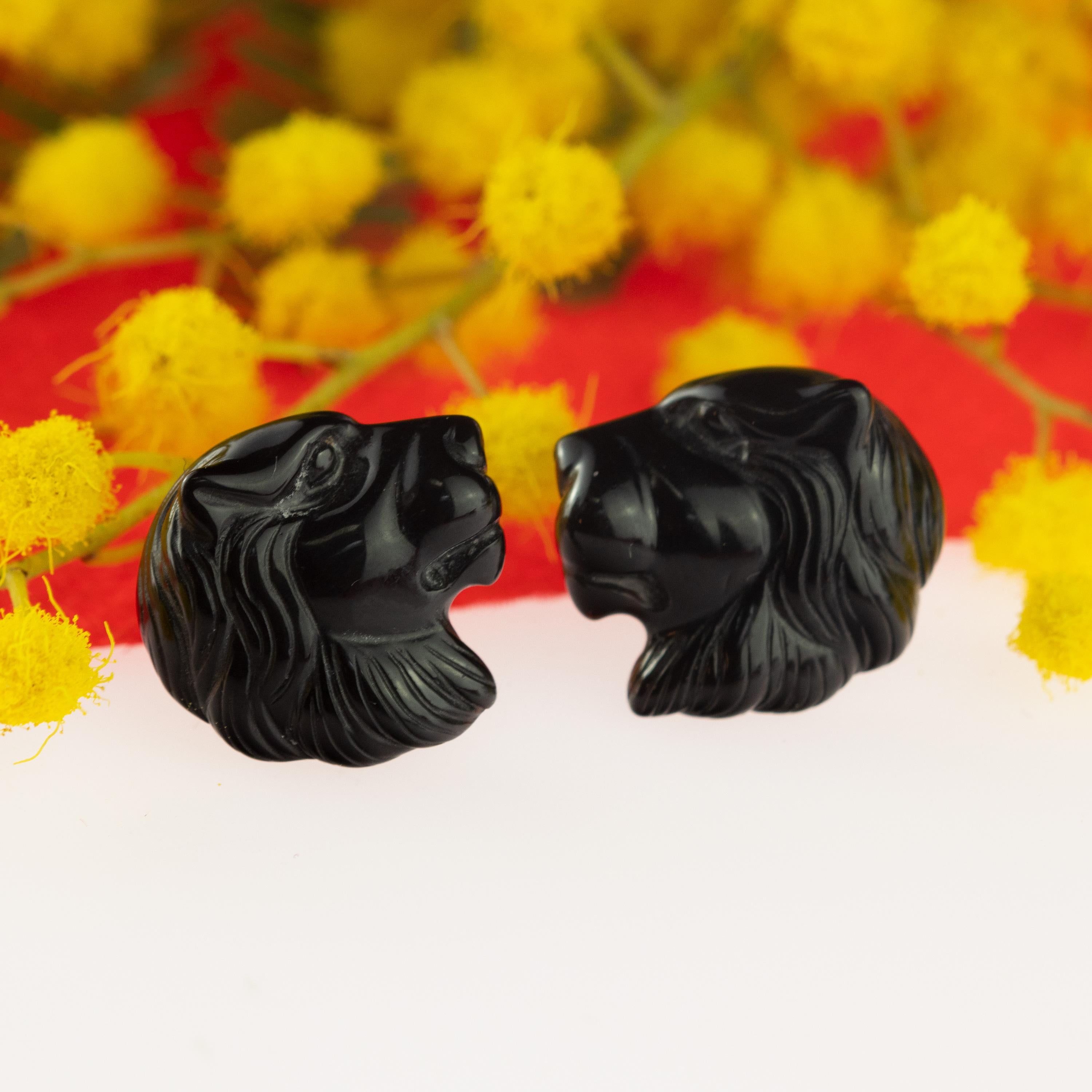 Intini Jewels Lion Head Gold Plate Black Agate Stud Handmade Italian Earrings In New Condition For Sale In Milano, IT