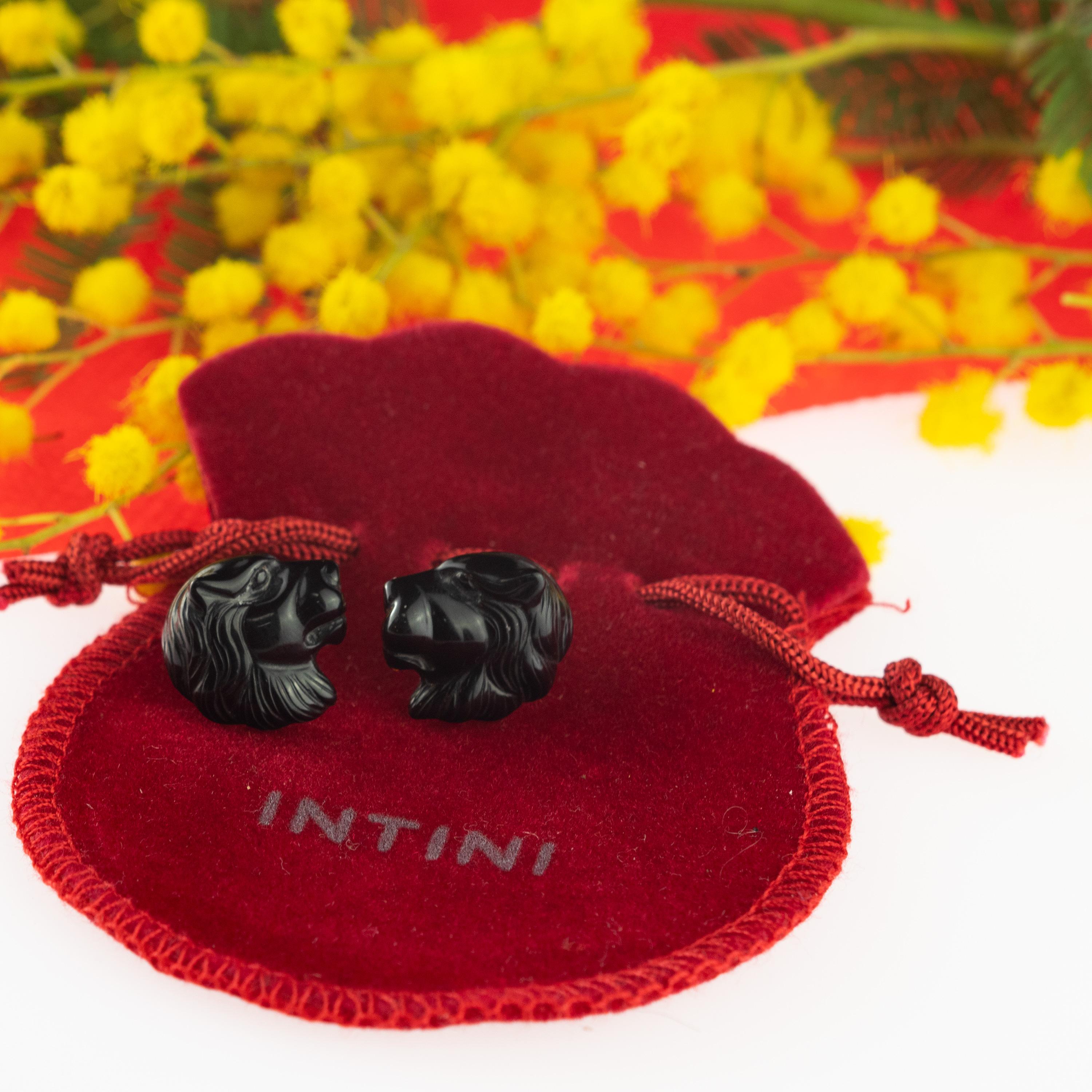 Women's Intini Jewels Lion Head Gold Plate Black Agate Stud Handmade Italian Earrings For Sale