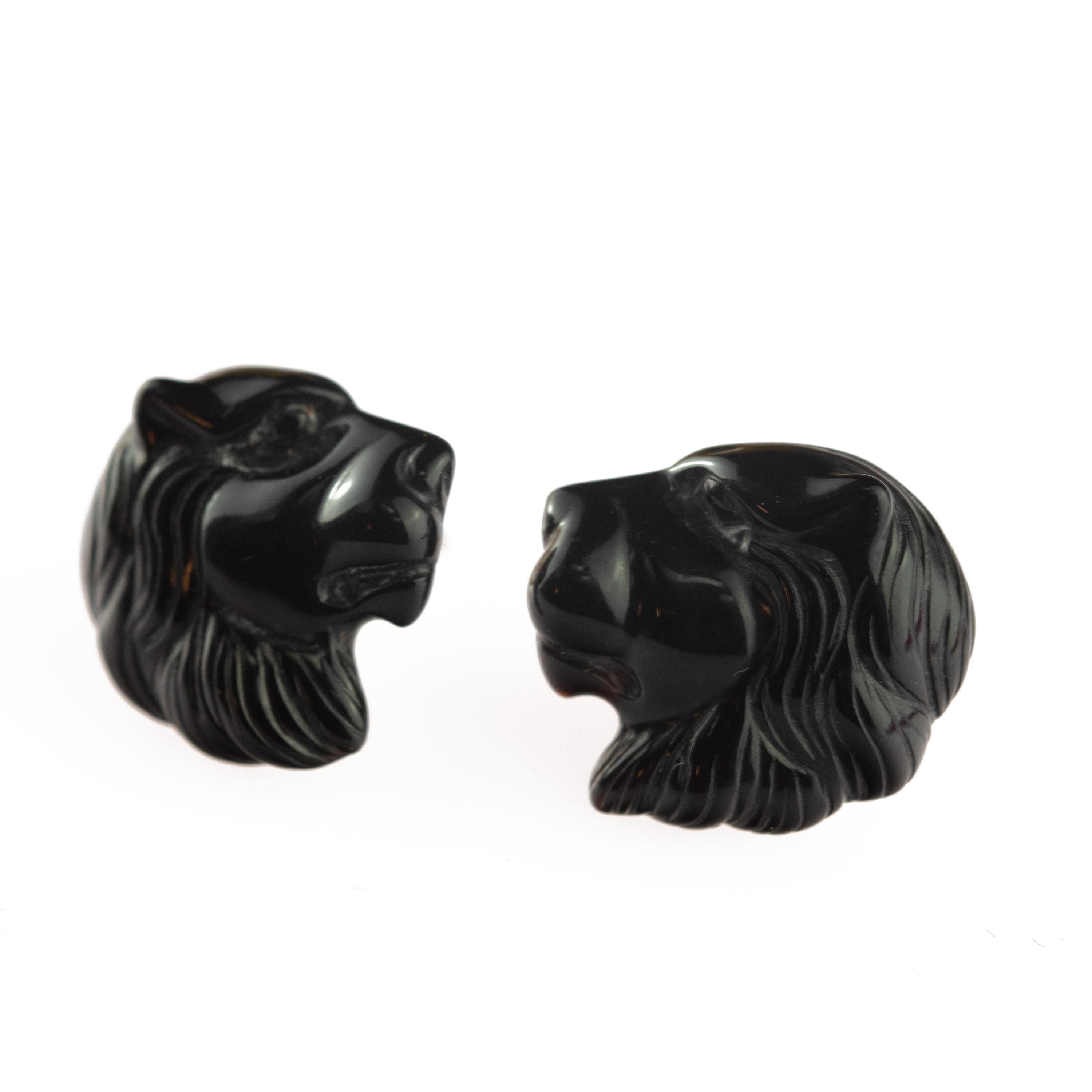 Intini Jewels Lion Head Gold Plate Black Agate Stud Handmade Italian Earrings For Sale 1
