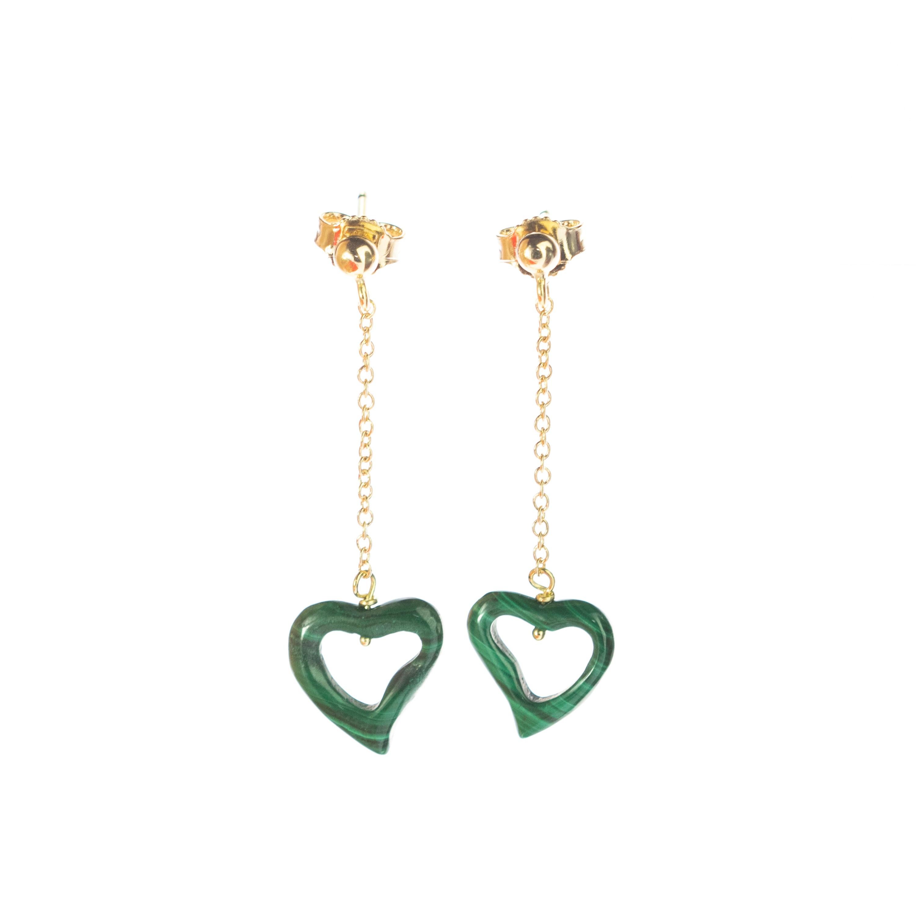 Romantique Intini Jewels Boucles d'oreilles en or jaune avec pendentifs en forme de cœur en malachite, jour de Valentin en vente
