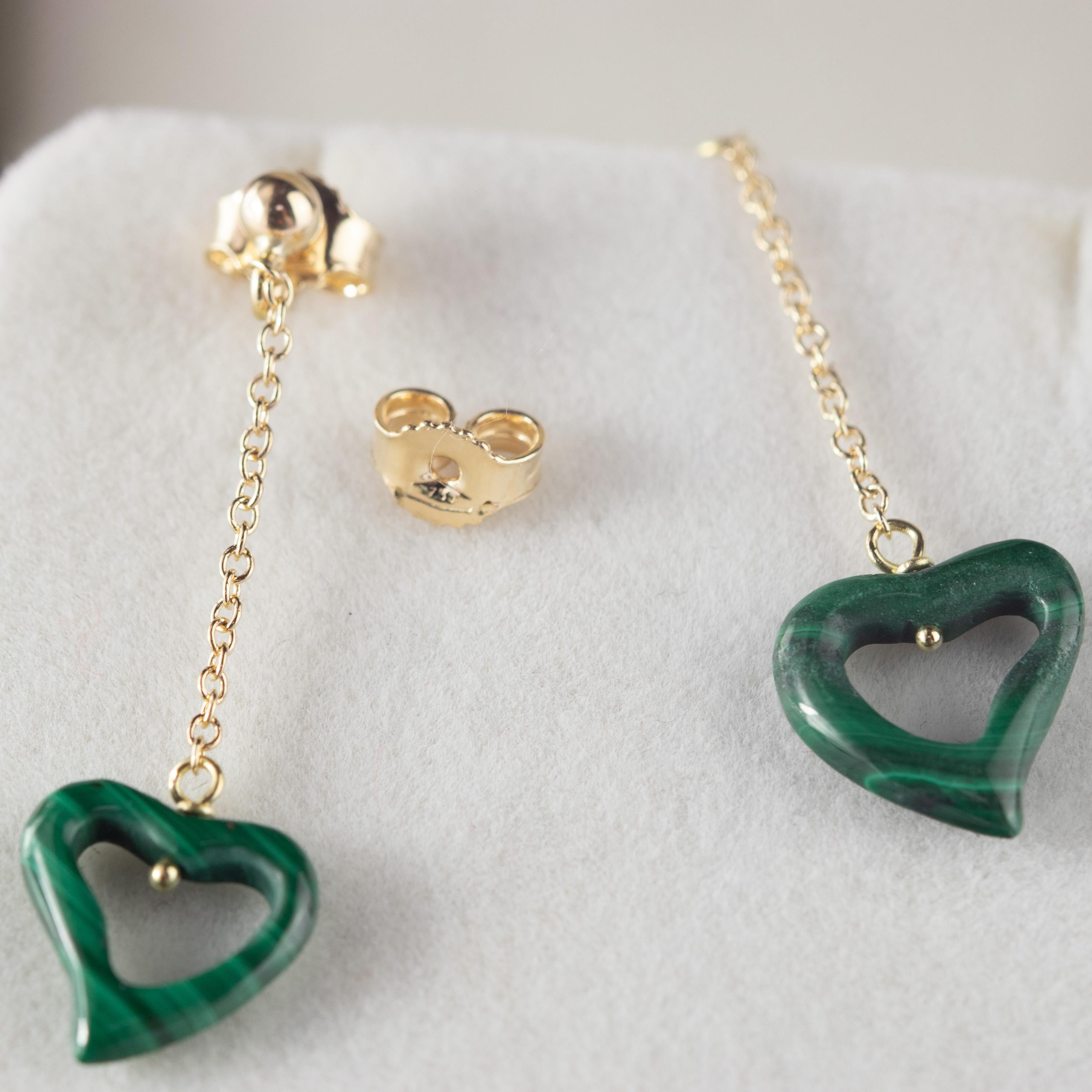 Intini Jewels Boucles d'oreilles en or jaune avec pendentifs en forme de cœur en malachite, jour de Valentin Neuf - En vente à Milano, IT