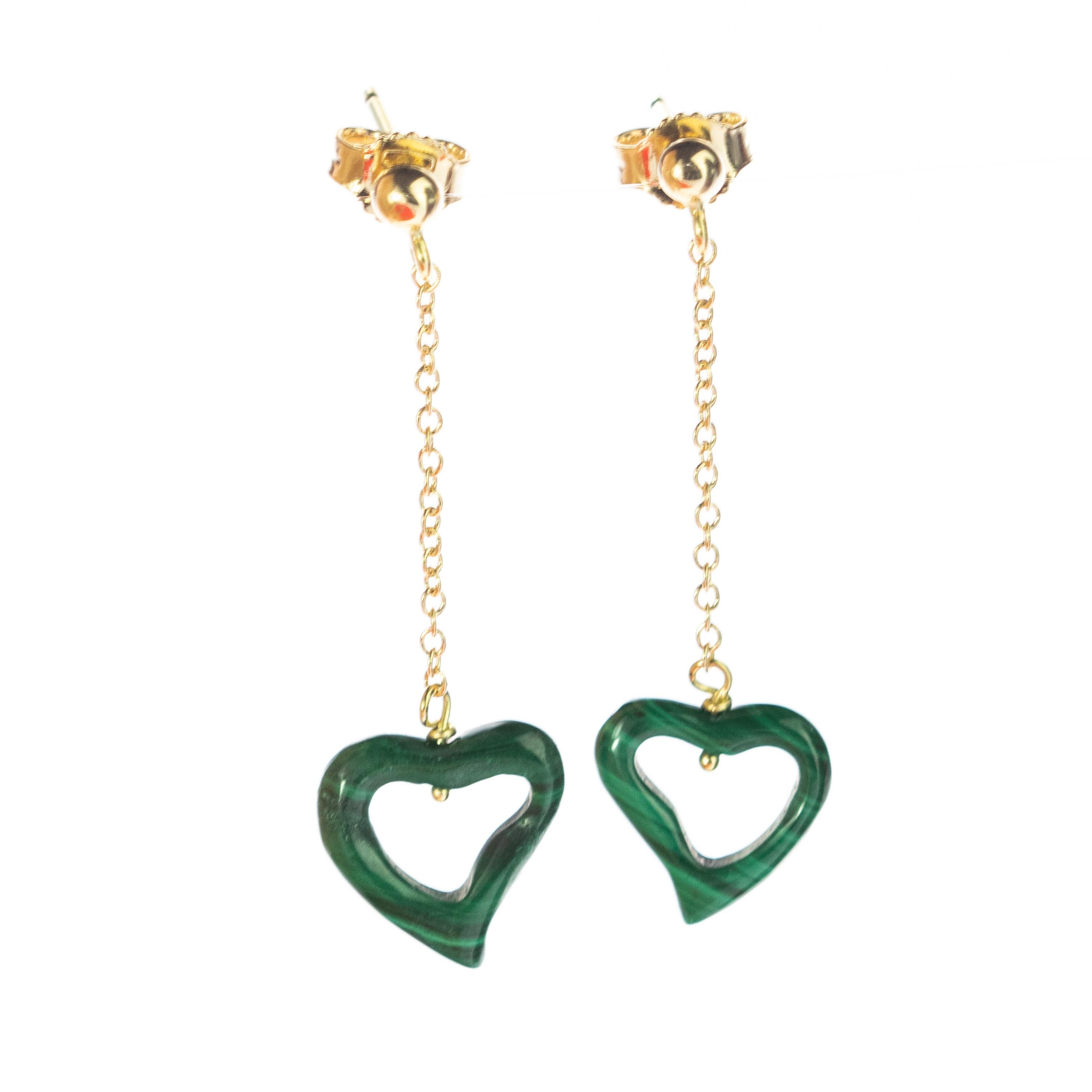 Intini Jewels Boucles d'oreilles en or jaune avec pendentifs en forme de cœur en malachite, jour de Valentin Pour femmes en vente