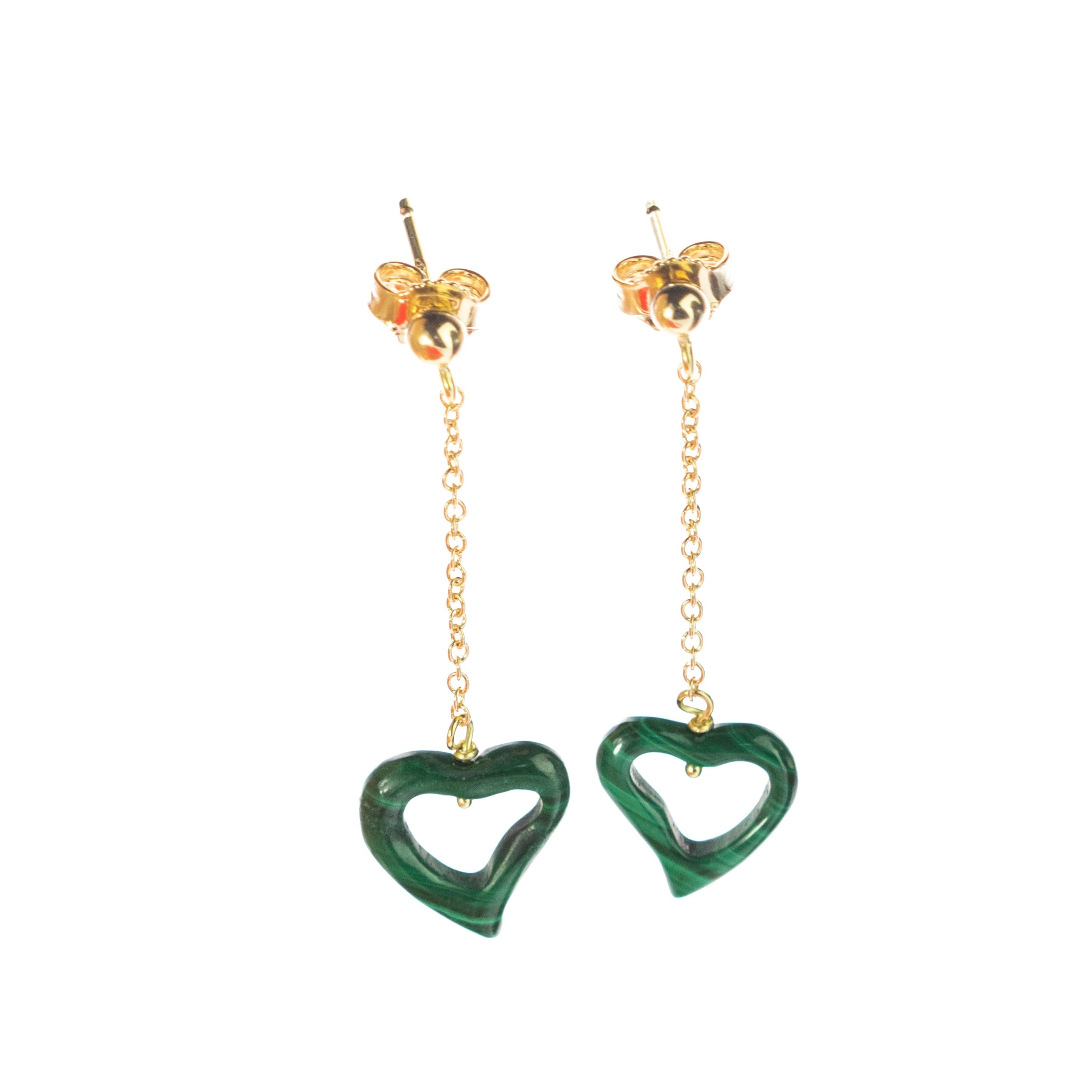 Intini Jewels Boucles d'oreilles en or jaune avec pendentifs en forme de cœur en malachite, jour de Valentin en vente 1