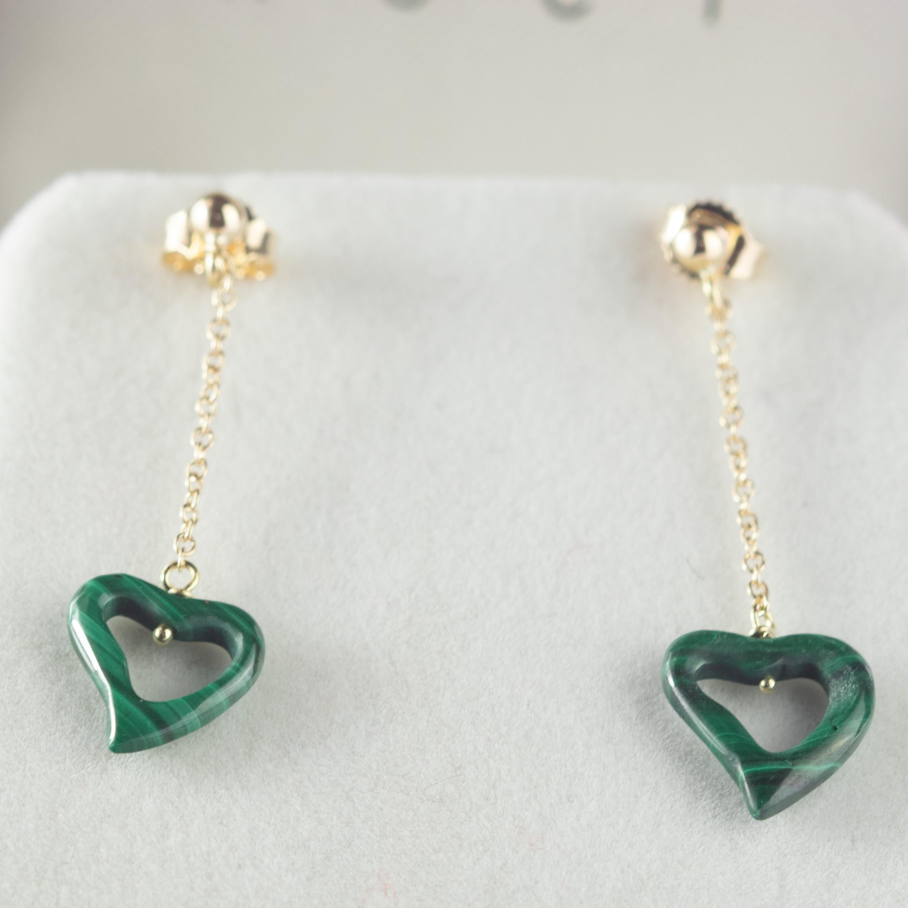 Intini Jewels Boucles d'oreilles en or jaune avec pendentifs en forme de cœur en malachite, jour de Valentin en vente 3