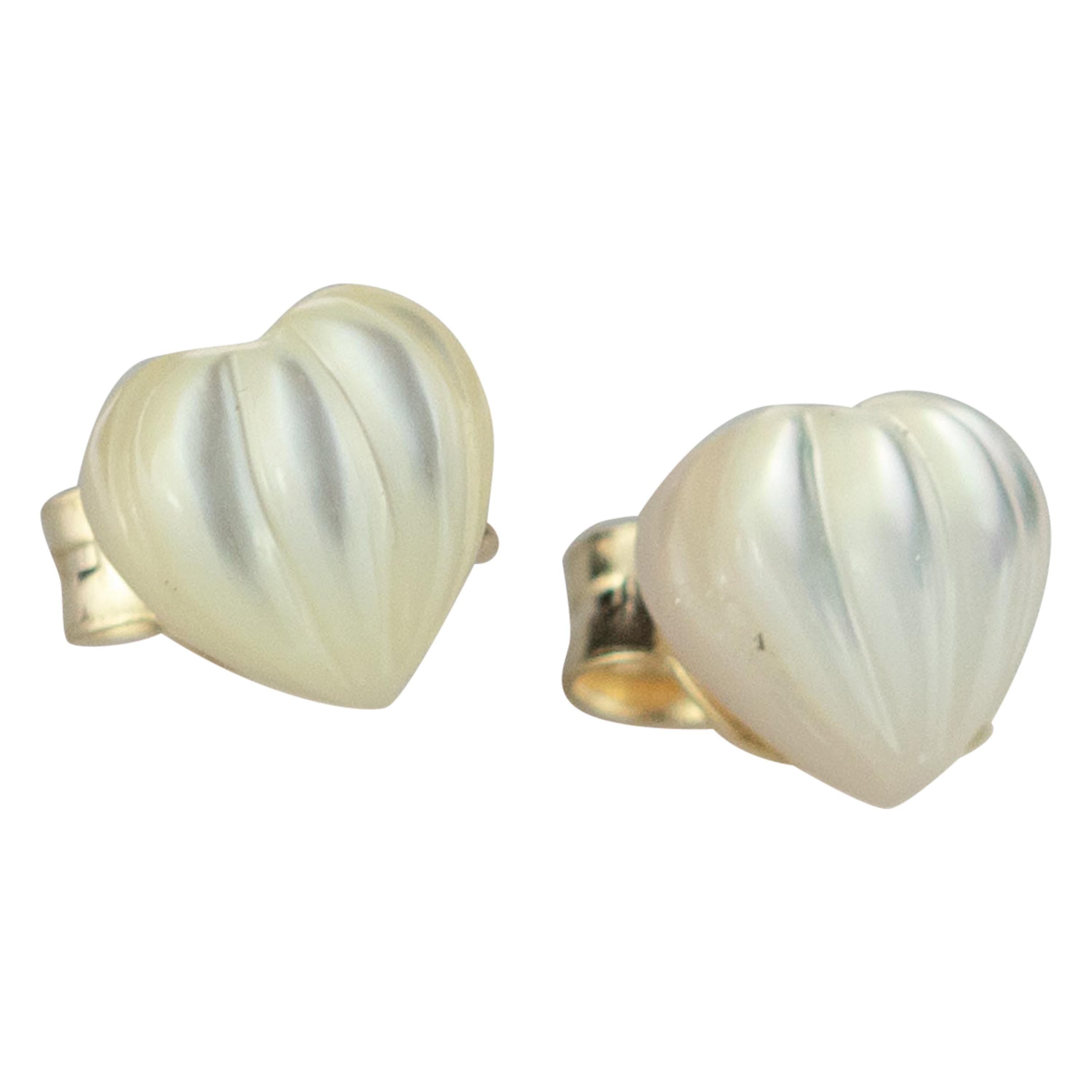Intini Jewels Mother of Pearl Carved Heart Stud Gold Handmade Love Earrings For Sale