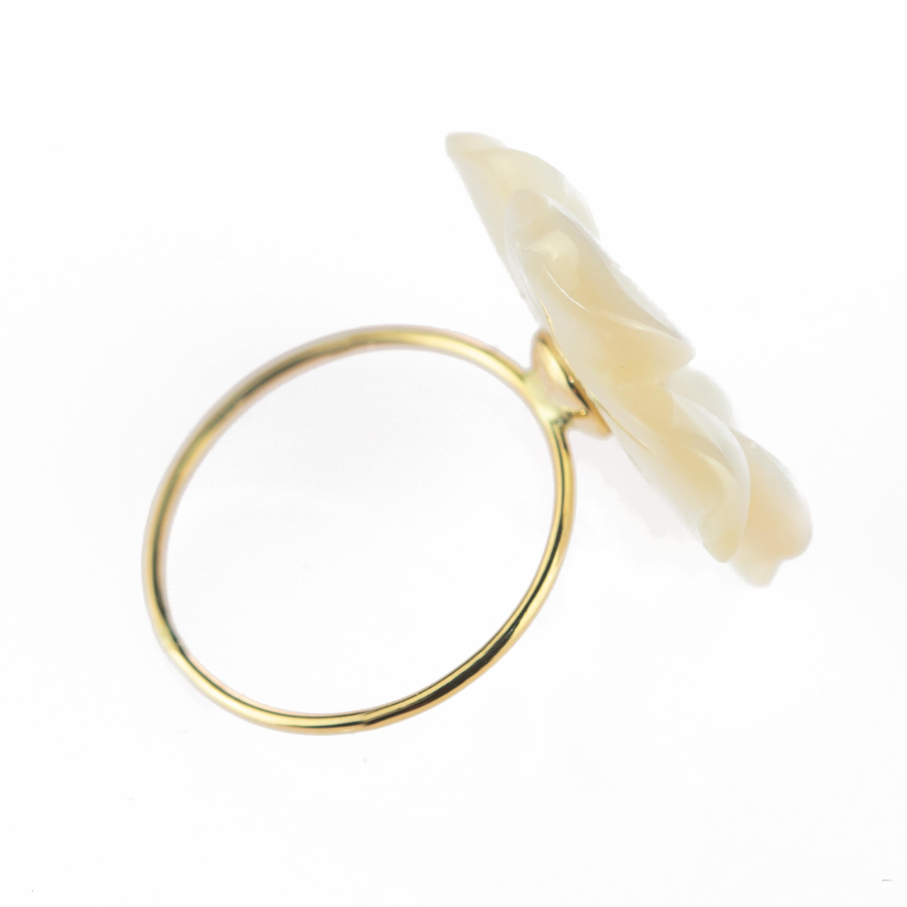 Women's or Men's Intini Jewels Mother of Pearl Carved White Flower 9 Karat Gold Handmade Rings For Sale