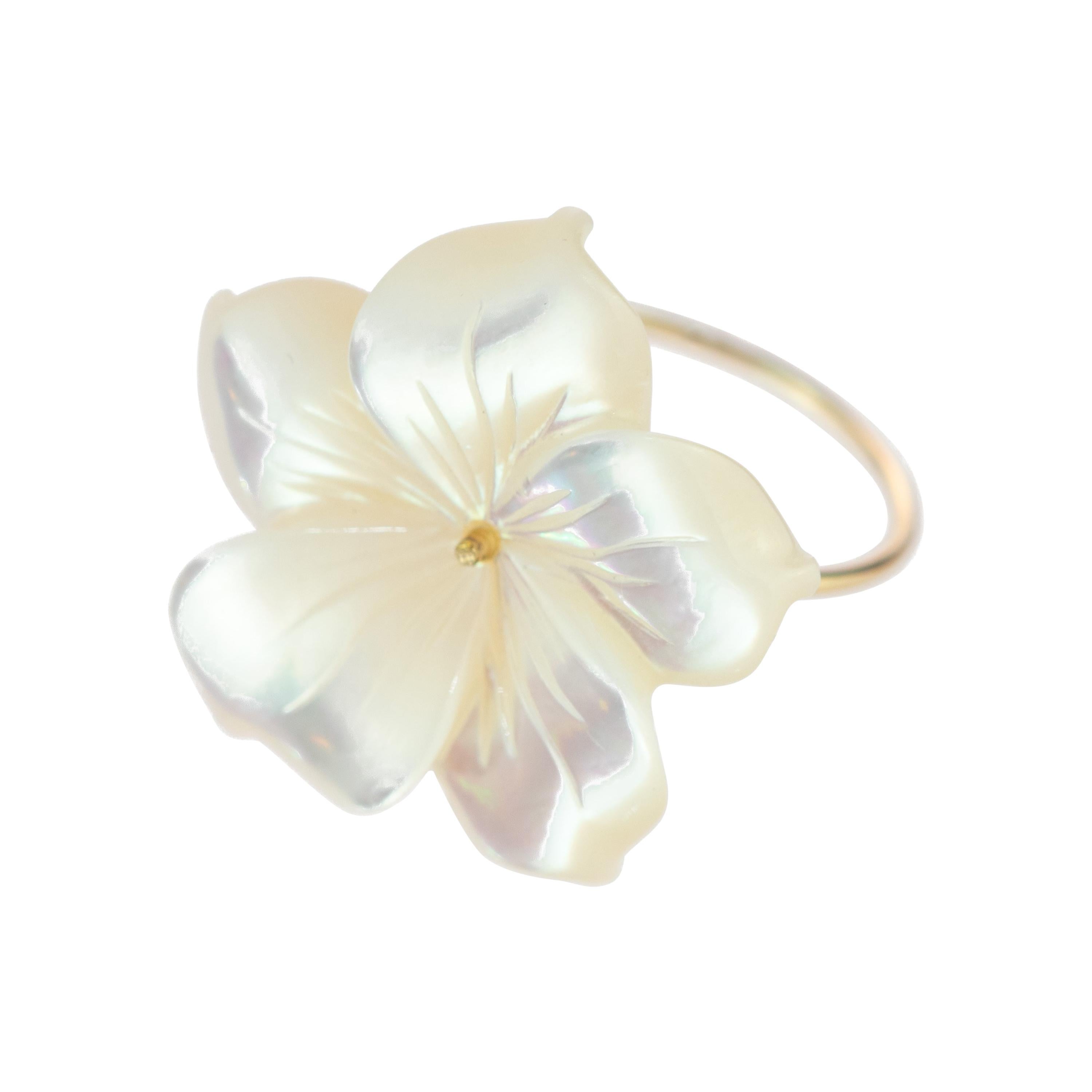 Intini Jewels Mother of Pearl Carved White Flower 9 Karat Gold Handmade Rings For Sale