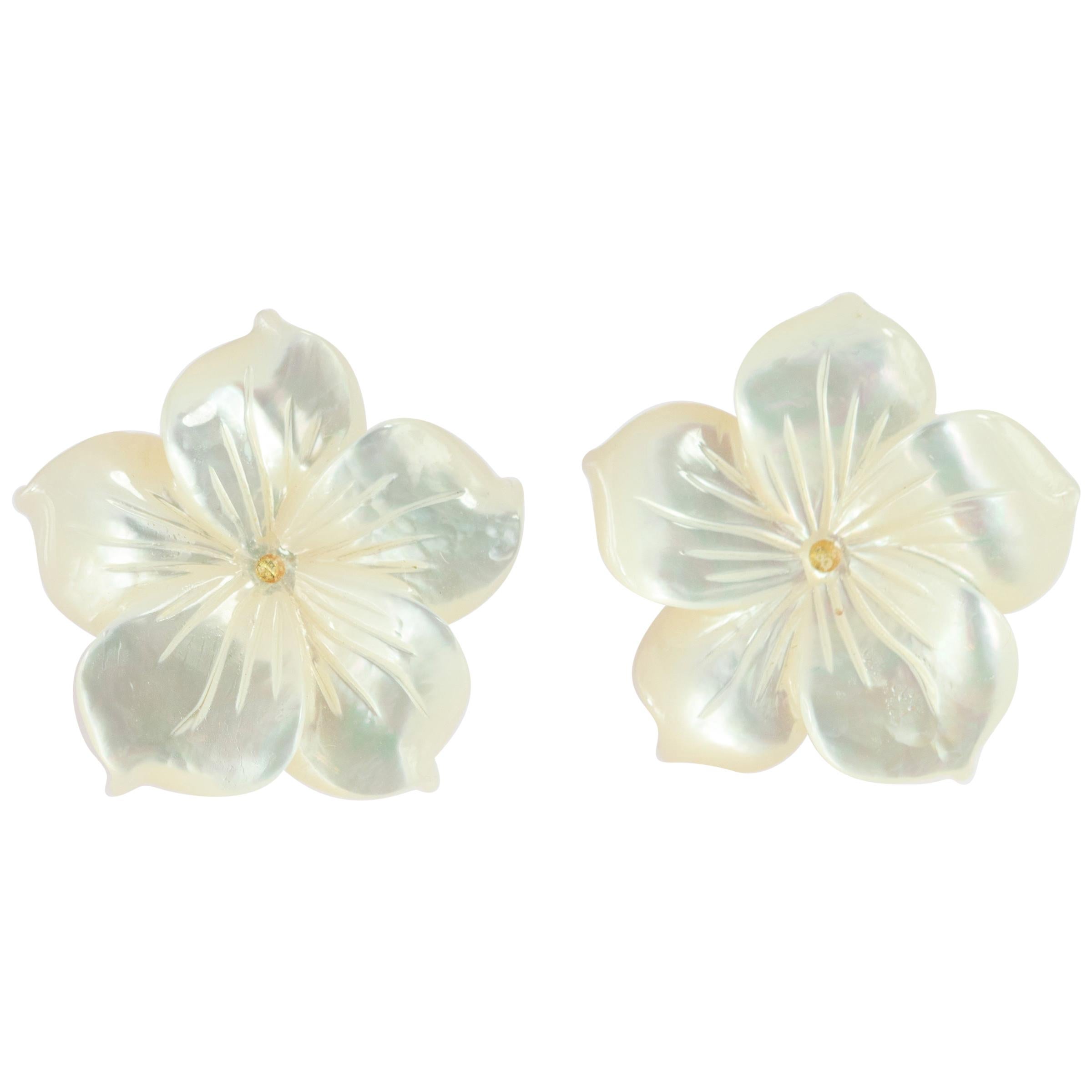 Intini Jewels Mother of Pearl Carved White Flower Gold Plate Stud Earrings For Sale