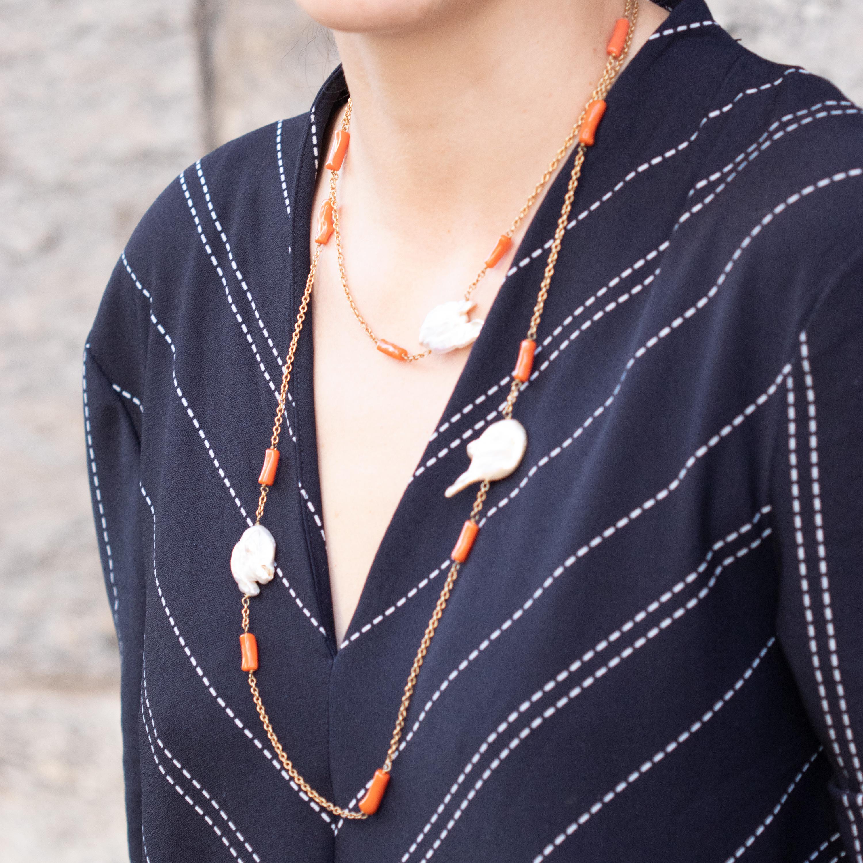 Intini Juwelen Perle Perlmutt Koralle Chips Perlen Boho lange Wickel um Halskette im Angebot 10