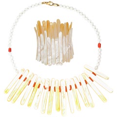 Intini Jewels Mother of Pearl Coral Crystal Modern Beaded Bracelet Necklace Set