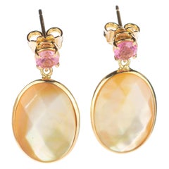 Mother Pearl Oval Cabochon Tourmaline Gold Drop Vintage Earrings