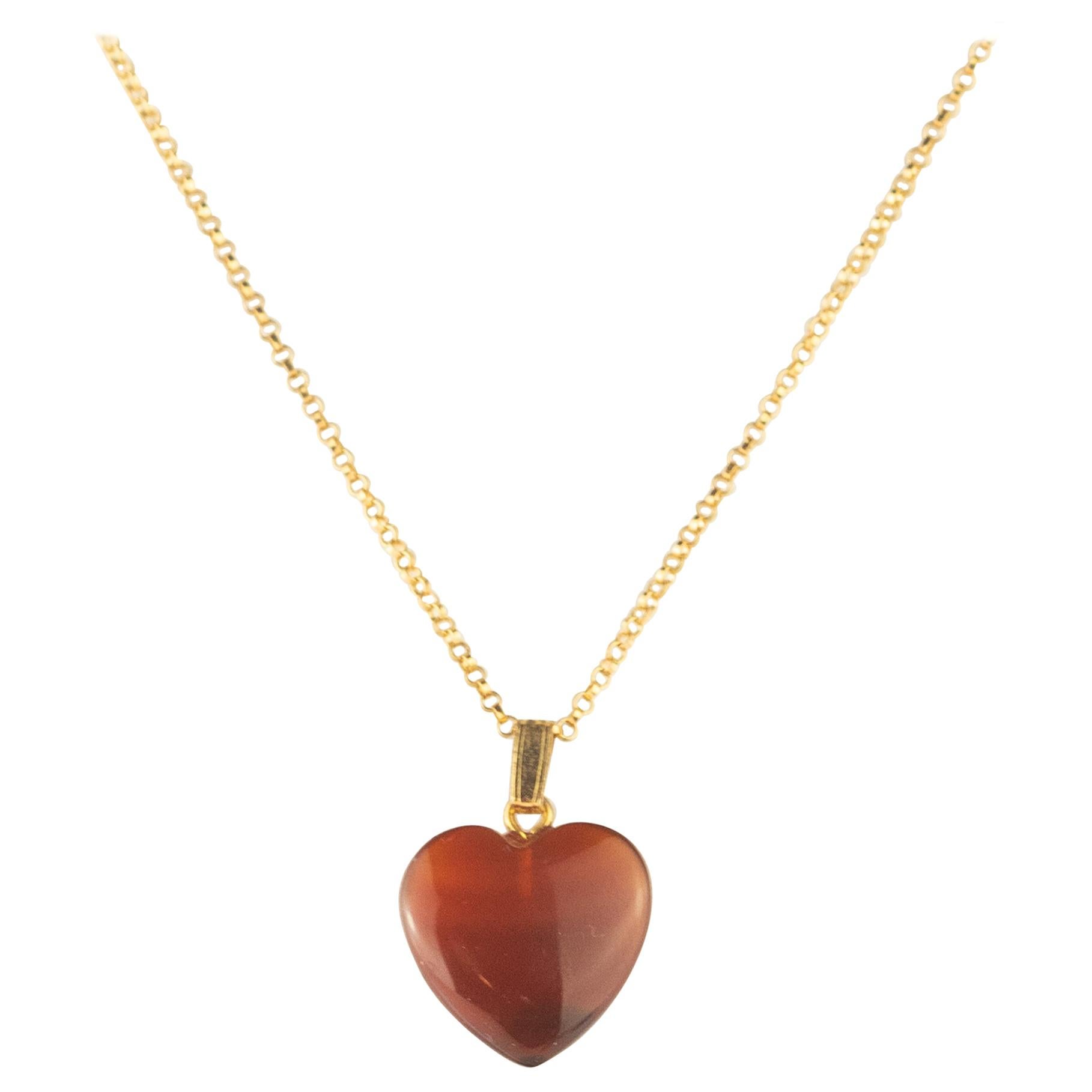 Intini Jewels Natural Carnelian Heart Pendant Filled Gold Chain Love Necklace For Sale