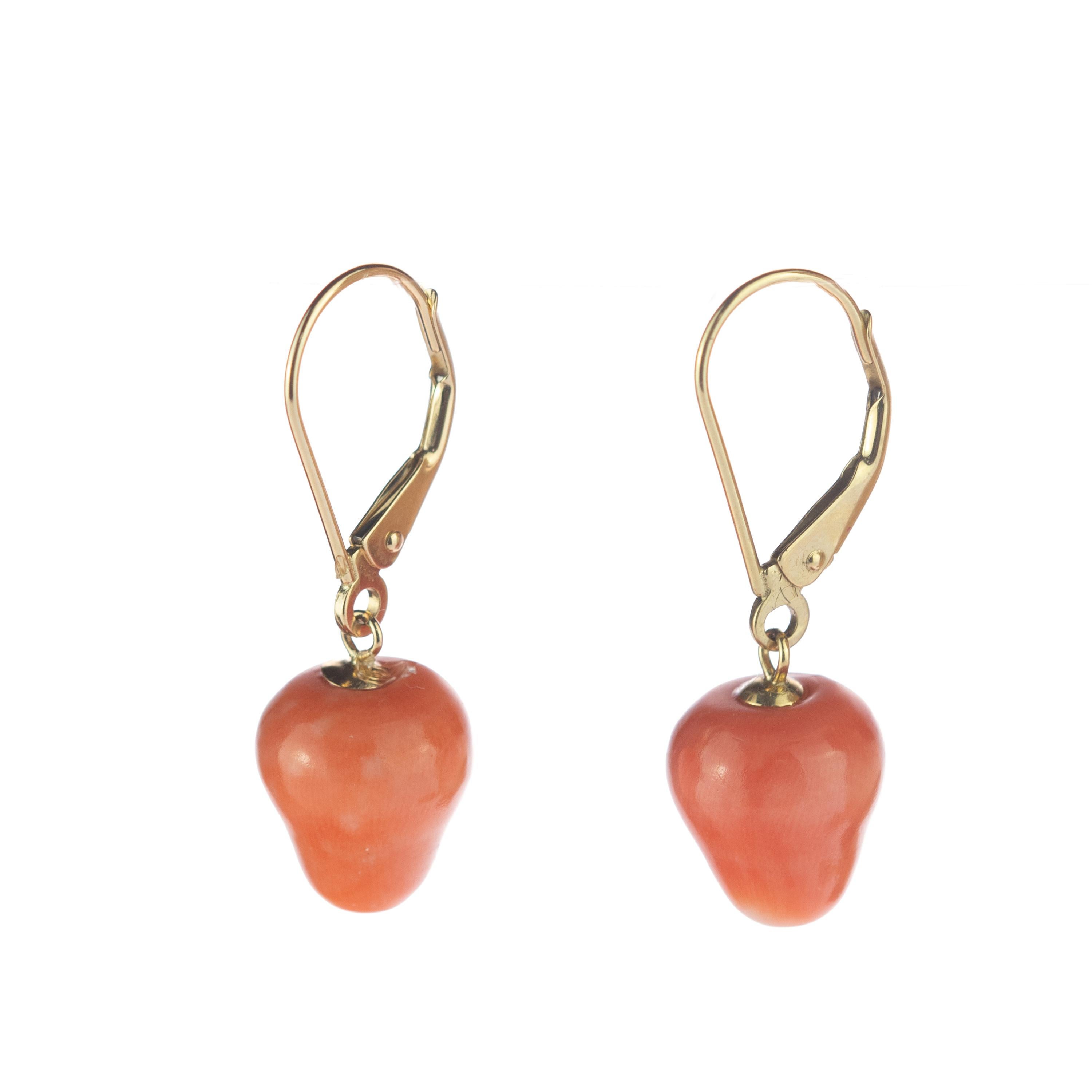 Art Nouveau Natural Coral 18 Karat Gold Drop Fruit Shaped Cocktail Leverback Apple Earrings For Sale
