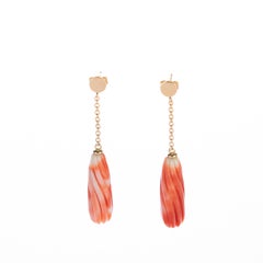 Intini Jewels Natural Coral Carved Tear 18 Karat Gold Chain Long Bold Earrings