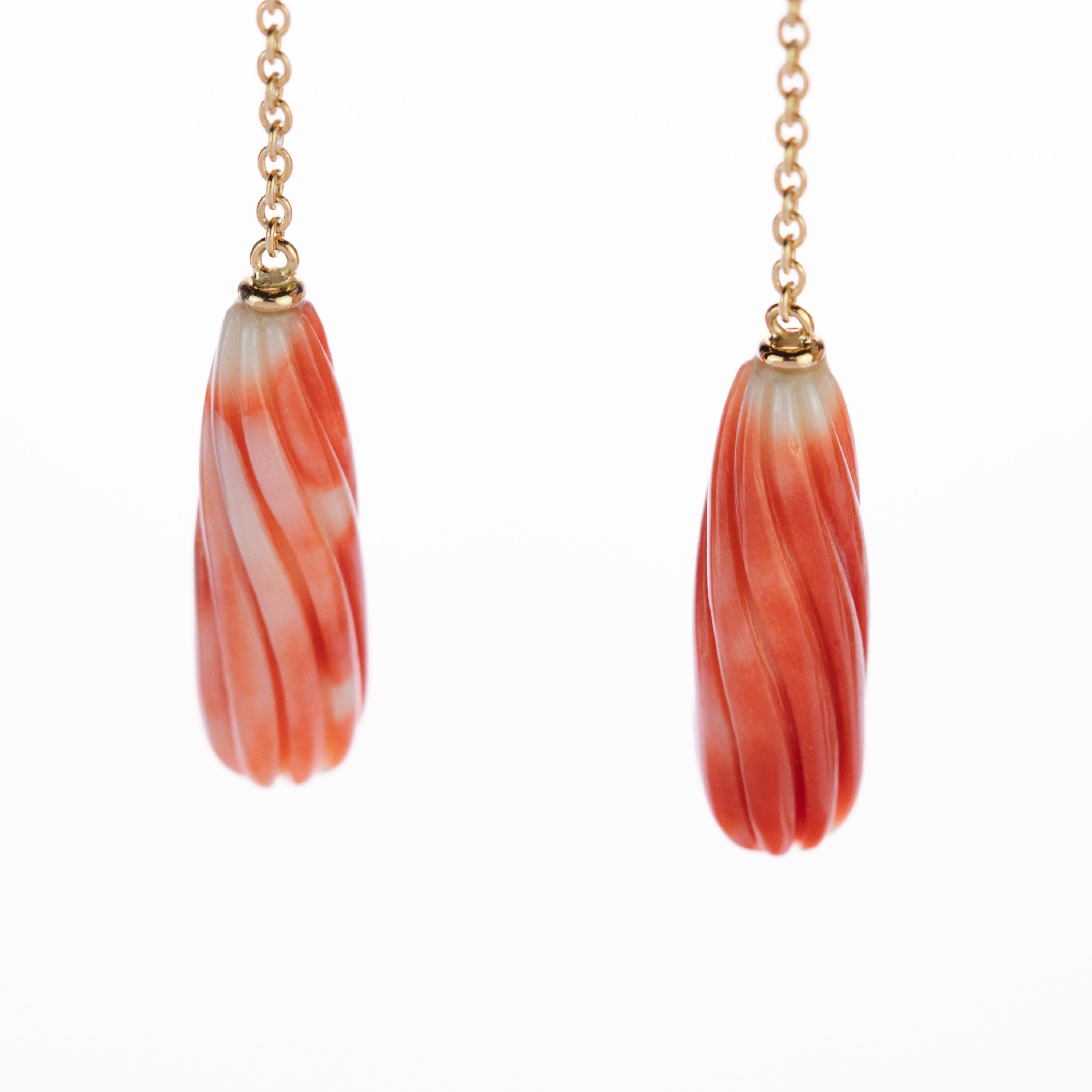 Arts and Crafts Intini Jewels Natural Coral Carved Tear 18 Karat Gold Chain Long Bold Earrings For Sale