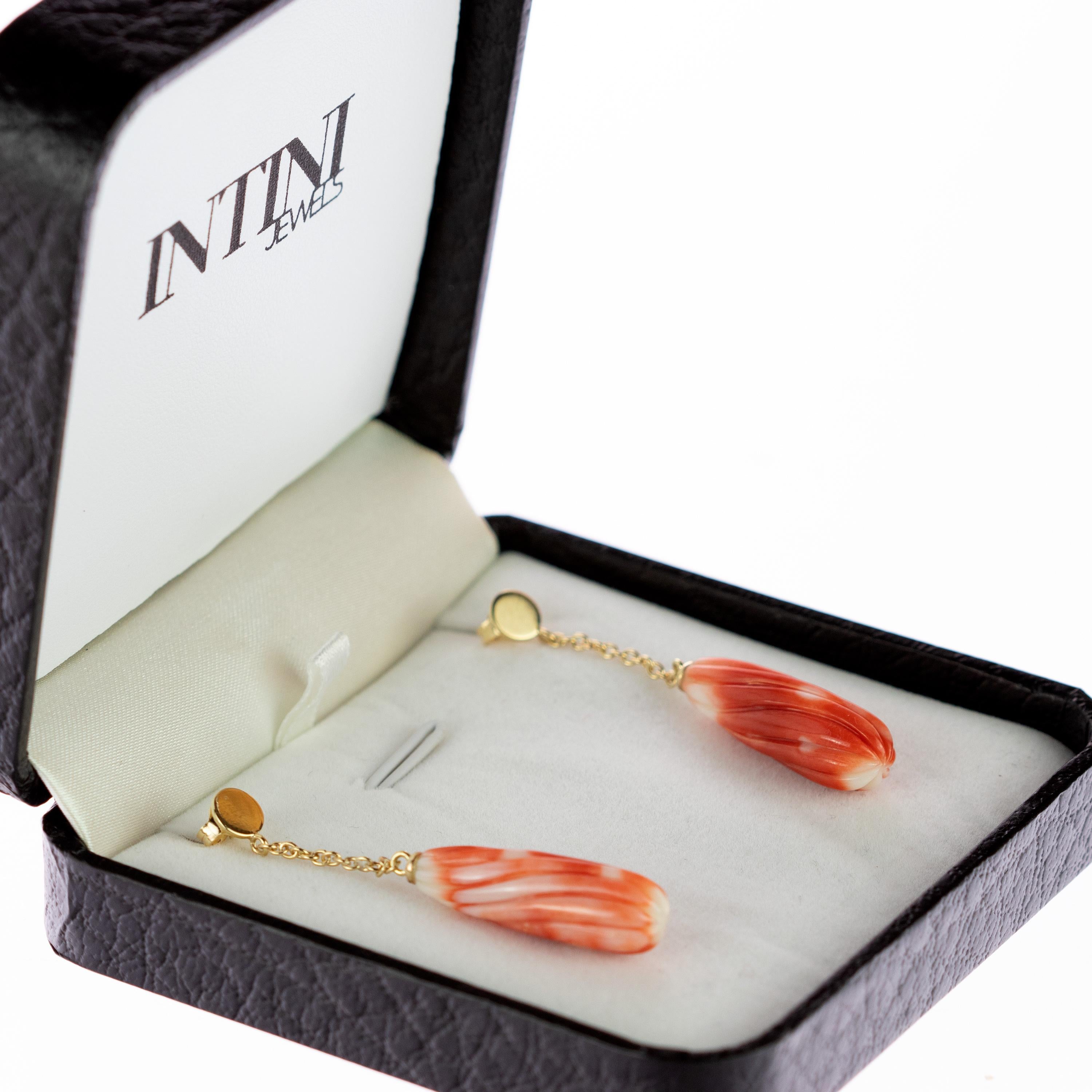 Intini Jewels Natural Coral Carved Tear 18 Karat Gold Chain Long Bold Earrings For Sale 2