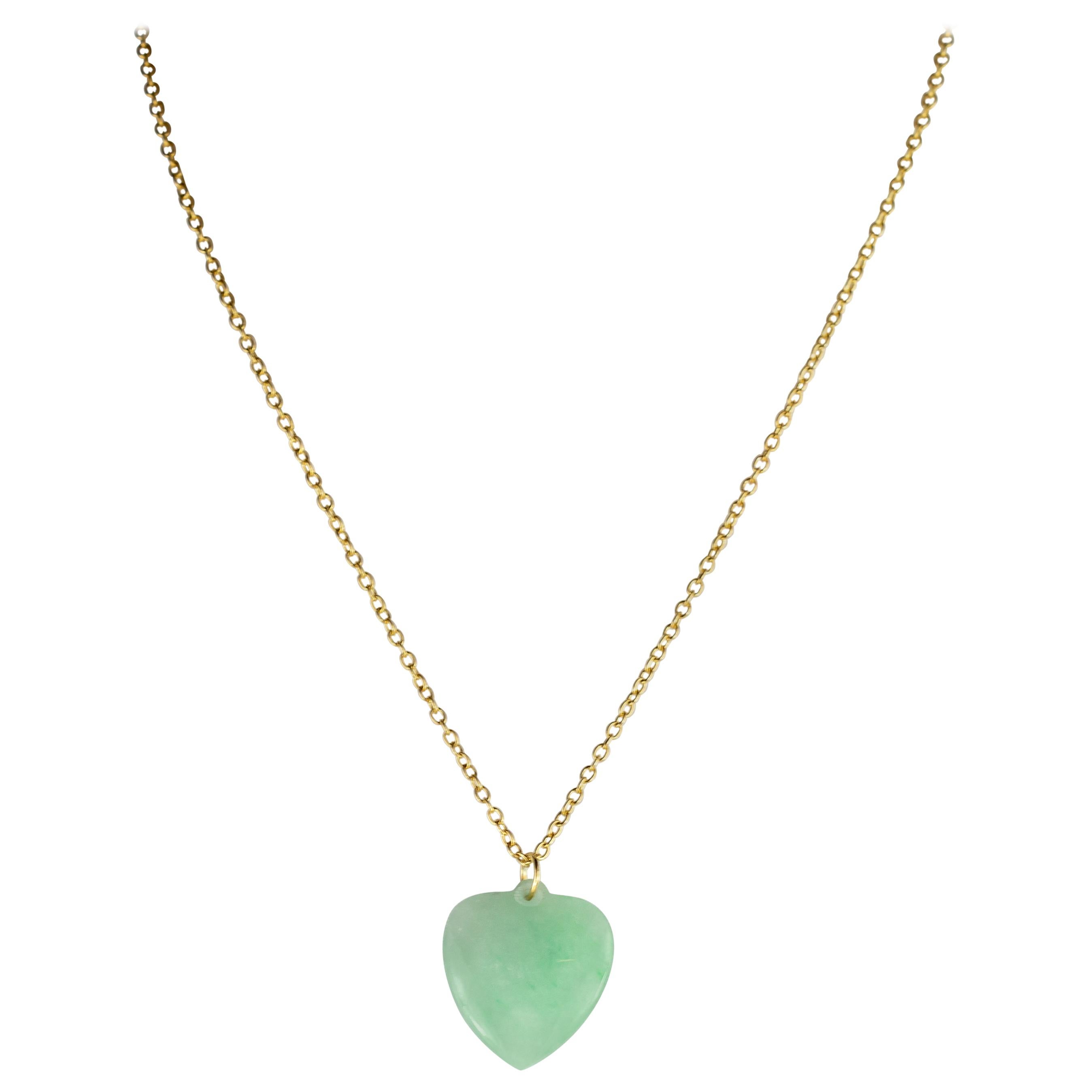 Intini Jewels Natural Jade Green Heart Gilded Silver Pendant Chain Necklace For Sale
