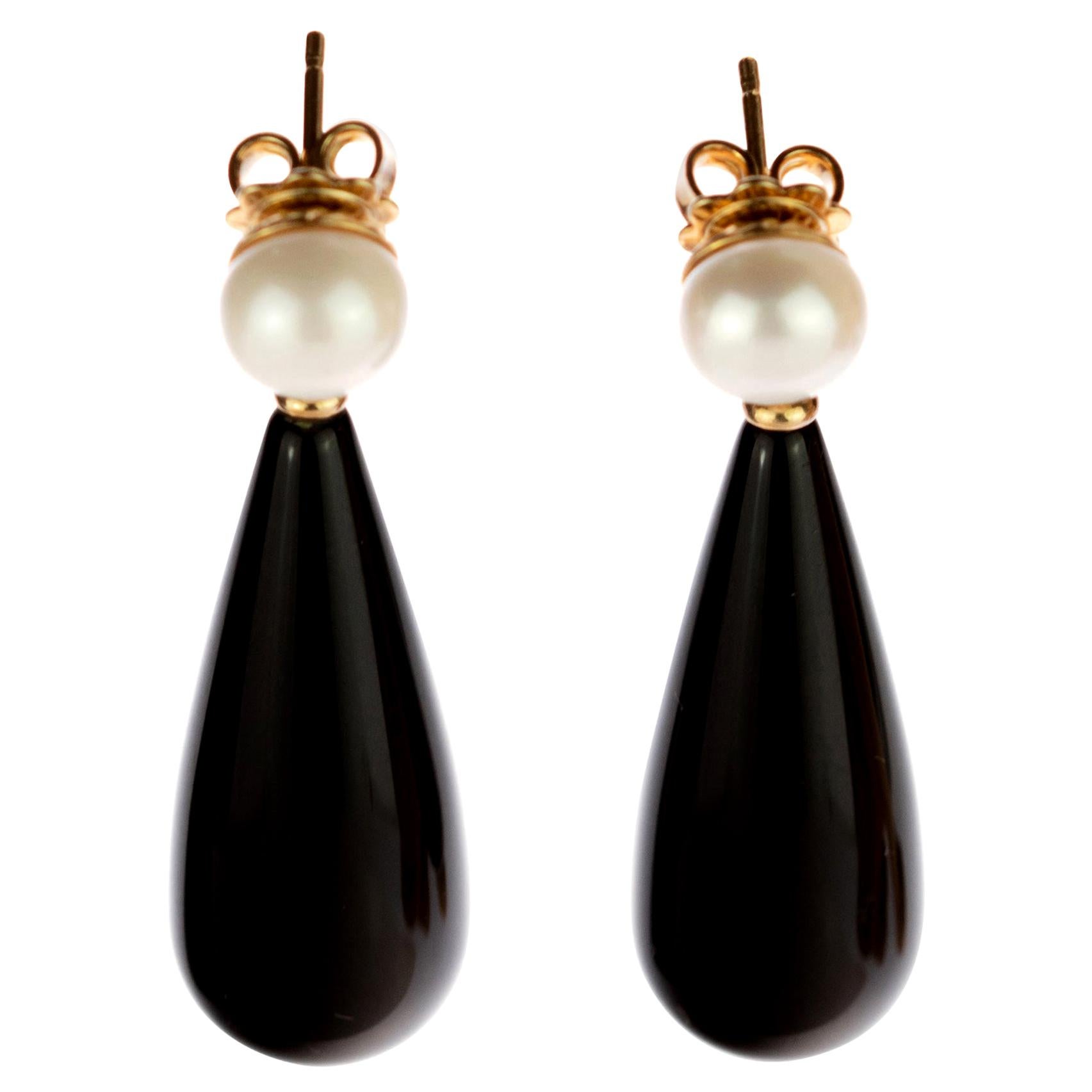 Intini Jewels Natural Pearl Black Agate 18 Karat Gold Tear Drop Bold Earrings For Sale