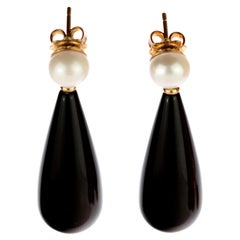 Intini Jewels Natural Pearl Black Agate 18 Karat Gold Tear Drop Bold Earrings