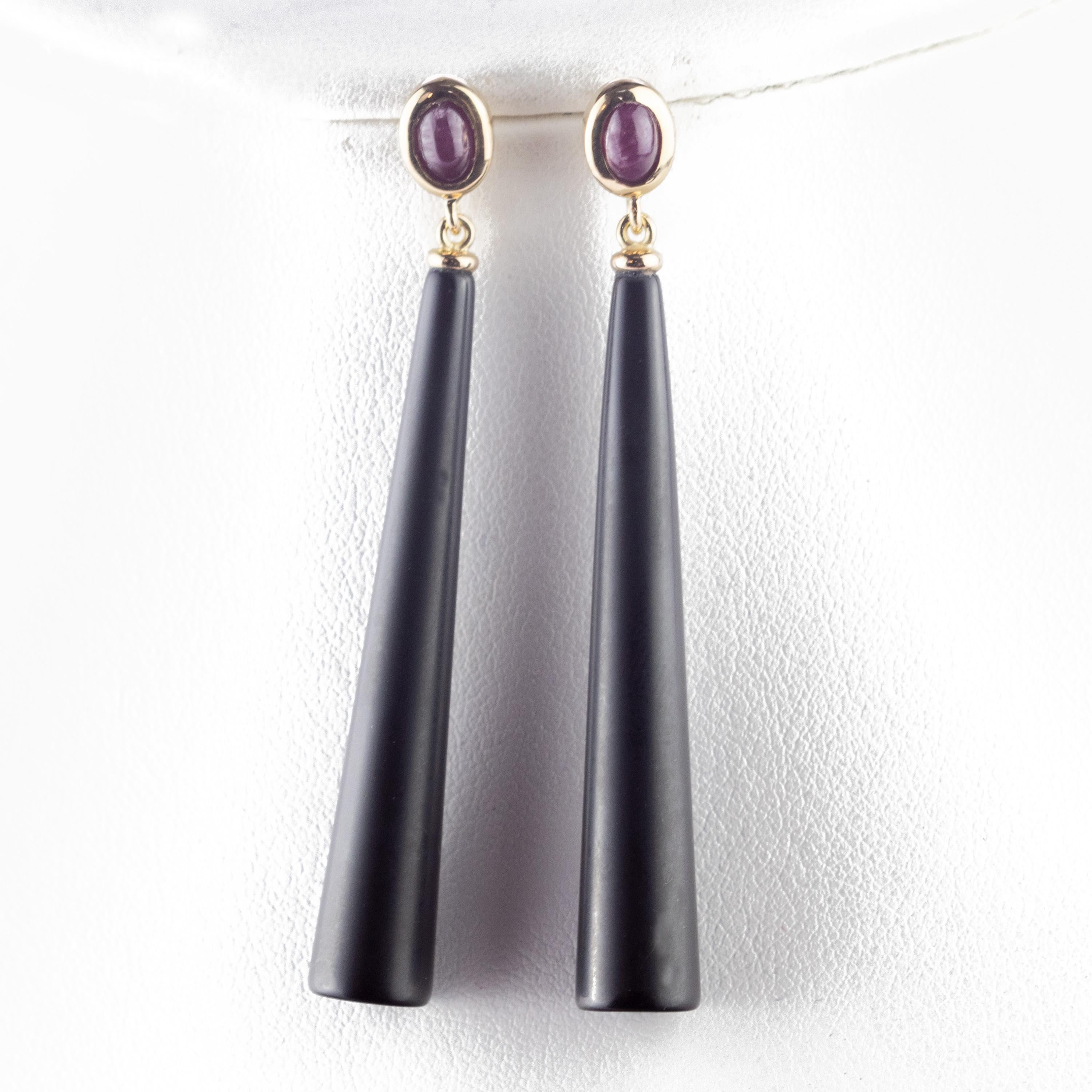 Intini Jewels Boucles d'oreilles cocktail chics en goutte en or 18 carats avec agate noire et rubis naturel en vente 5