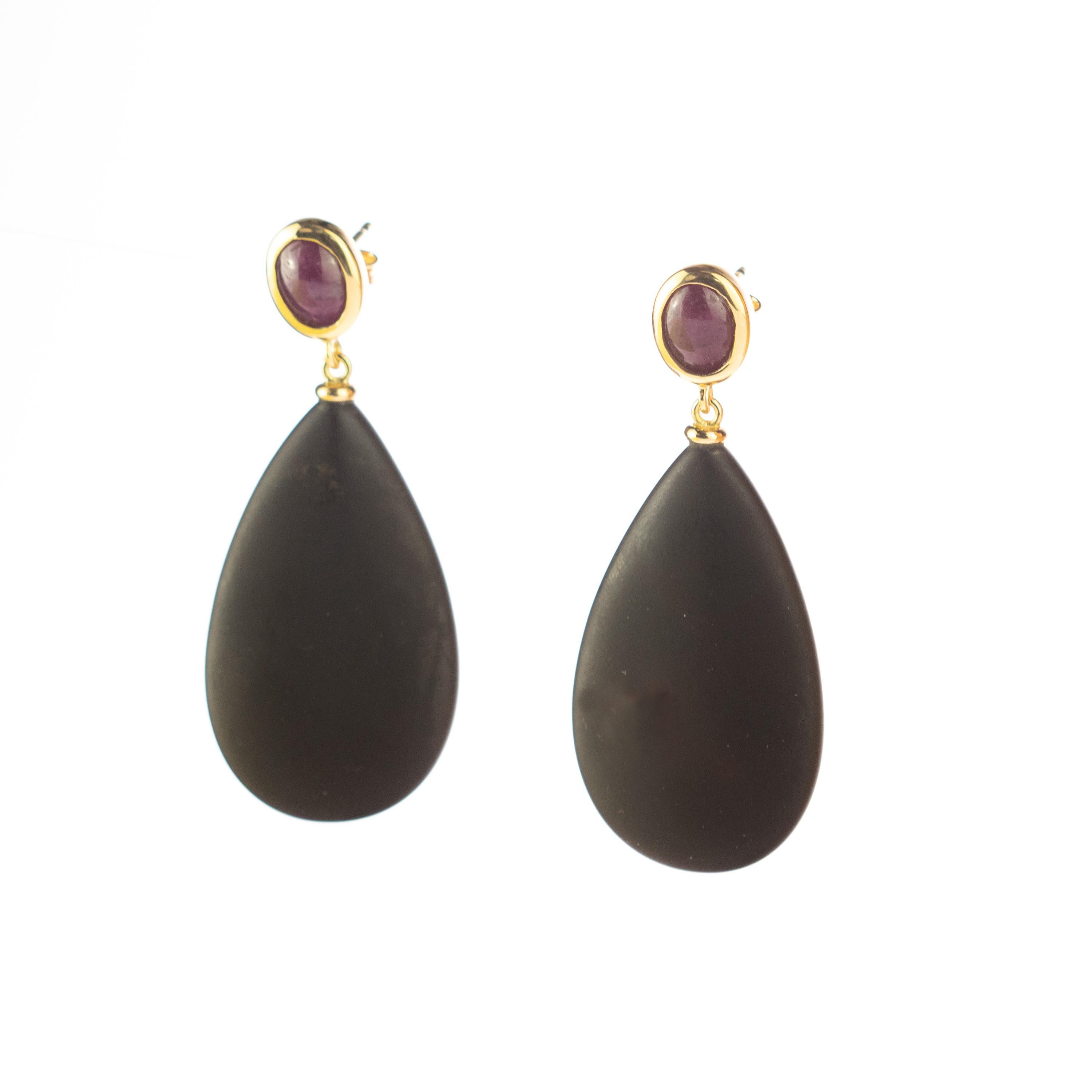 Intini Jewels Natural Ruby Black Agate 18 Karat Gold Tear Drop Cocktail Earrings In New Condition In Milano, IT