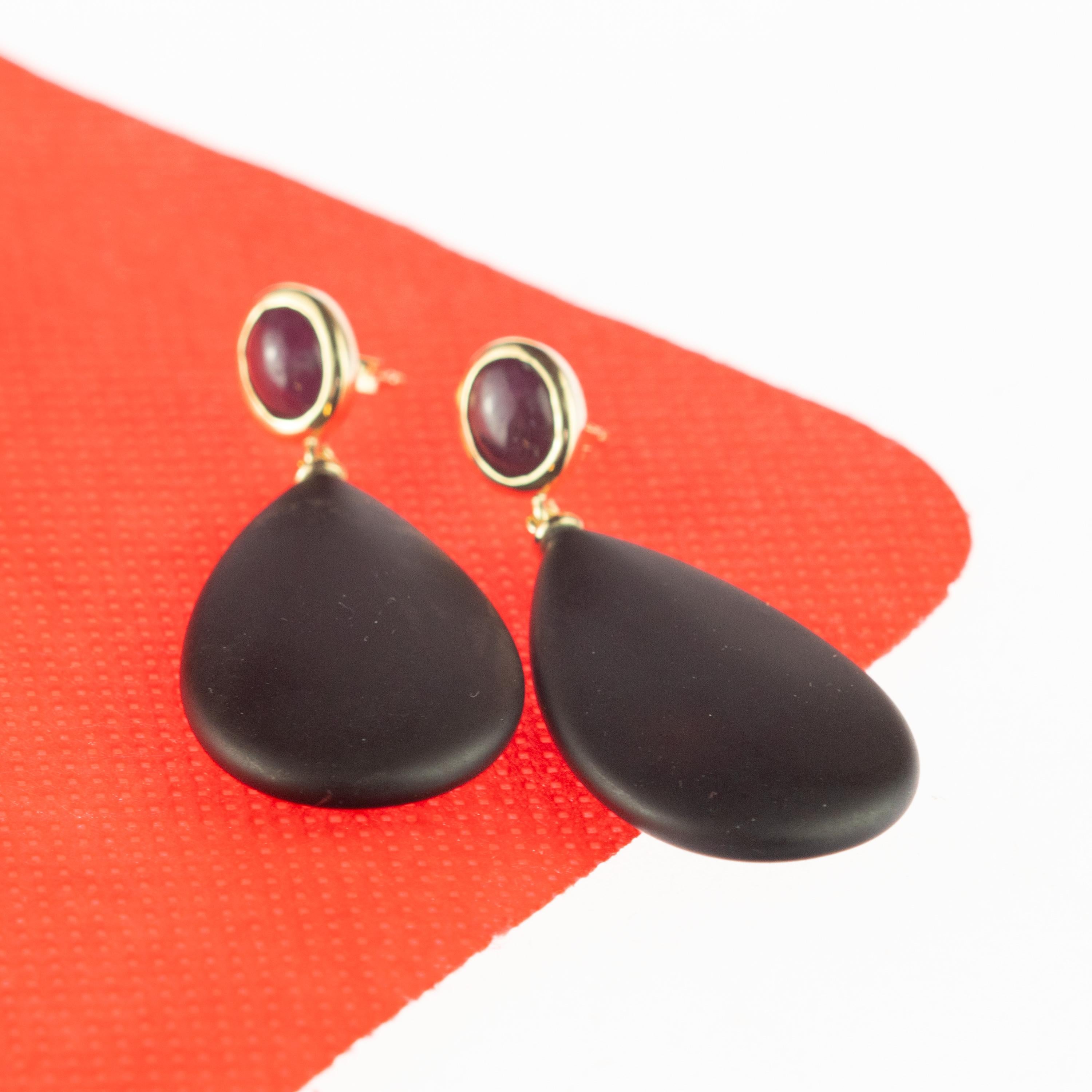 Women's Intini Jewels Natural Ruby Black Agate 18 Karat Gold Tear Drop Cocktail Earrings