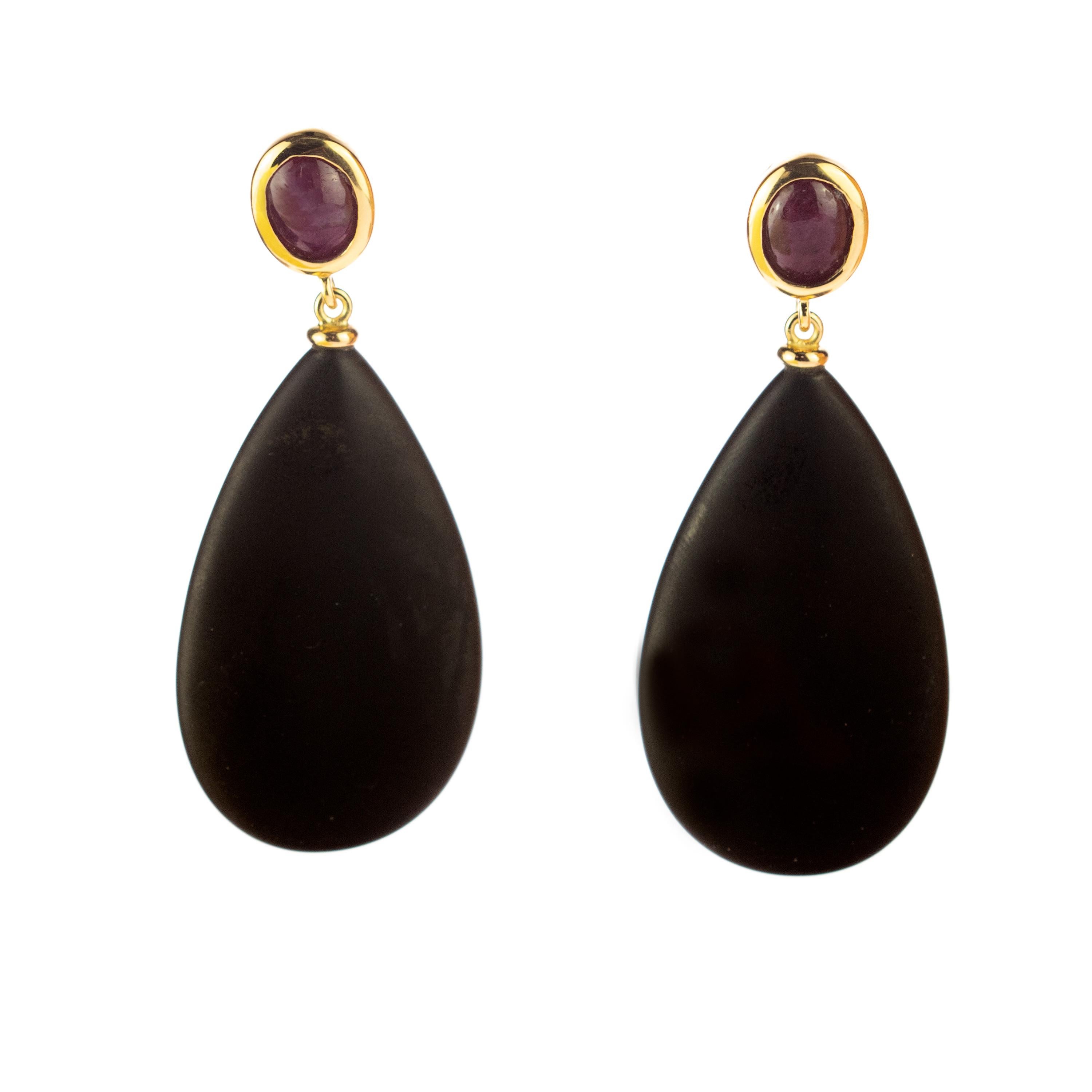 Intini Jewels Natural Ruby Black Agate 18 Karat Gold Tear Drop Cocktail Earrings 2