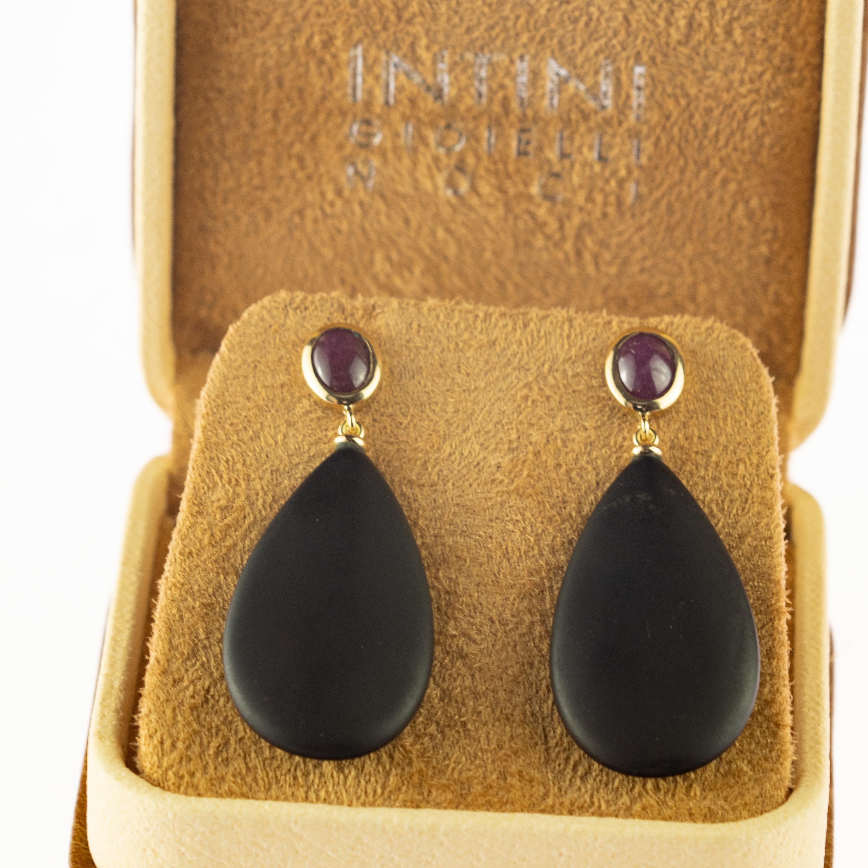 Intini Jewels Natural Ruby Black Agate 18 Karat Gold Tear Drop Cocktail Earrings 3