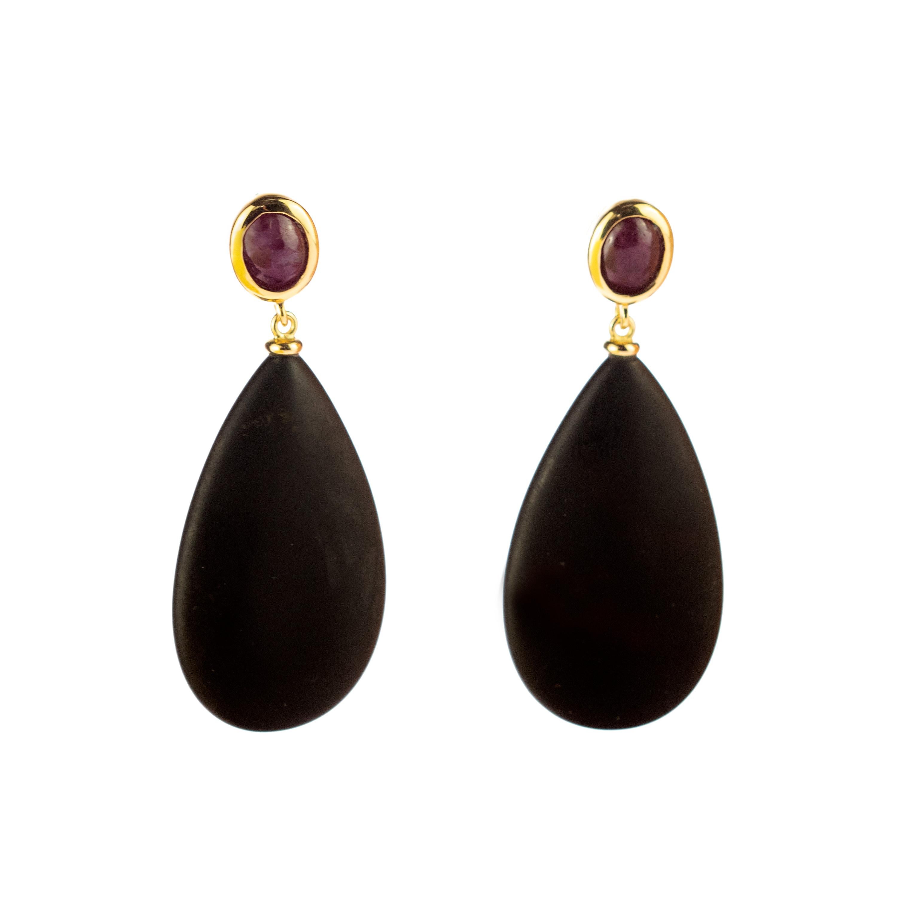 Intini Jewels Natural Ruby Black Agate 18 Karat Gold Tear Drop Cocktail Earrings 5