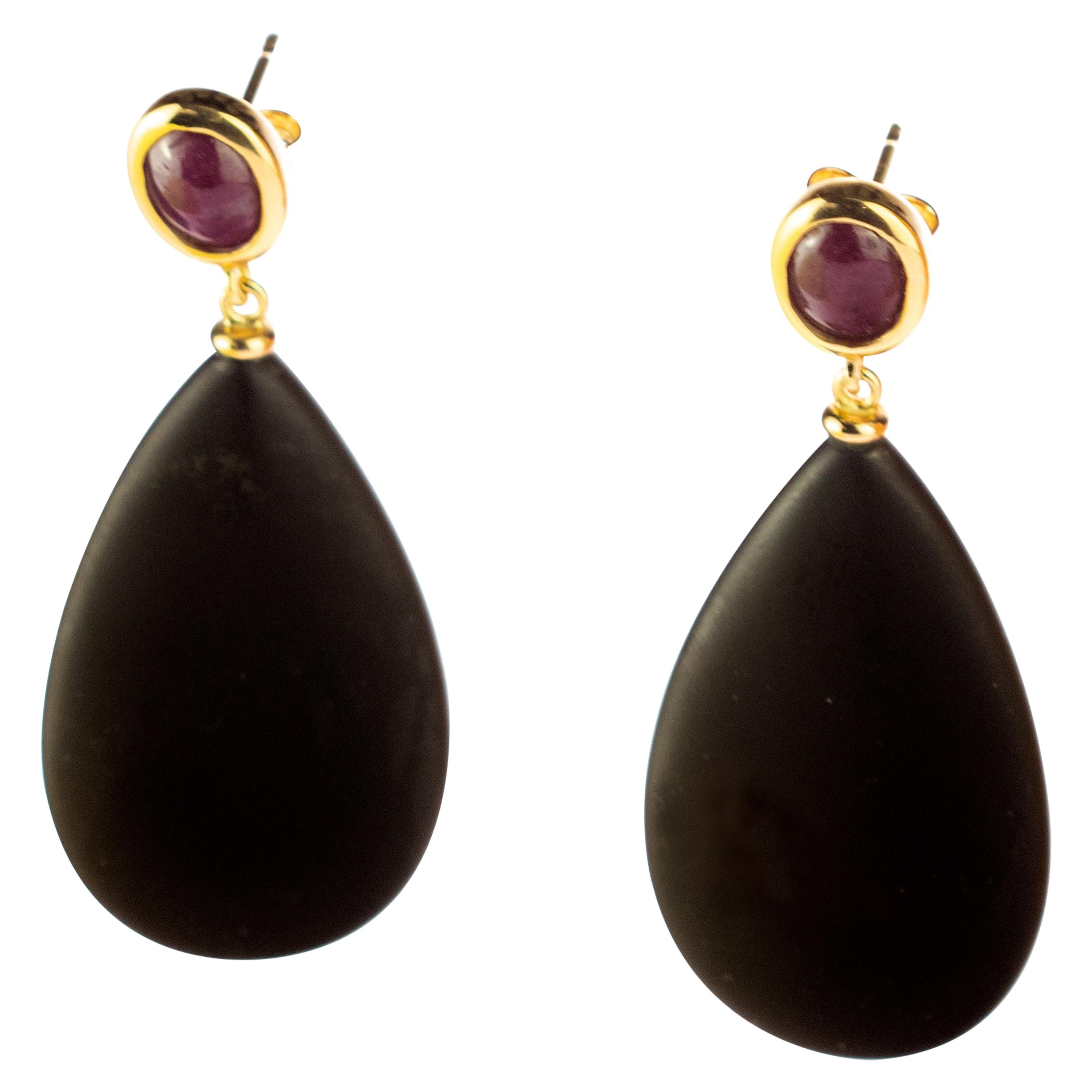 Intini Jewels Natural Ruby Black Agate 18 Karat Gold Tear Drop Cocktail Earrings