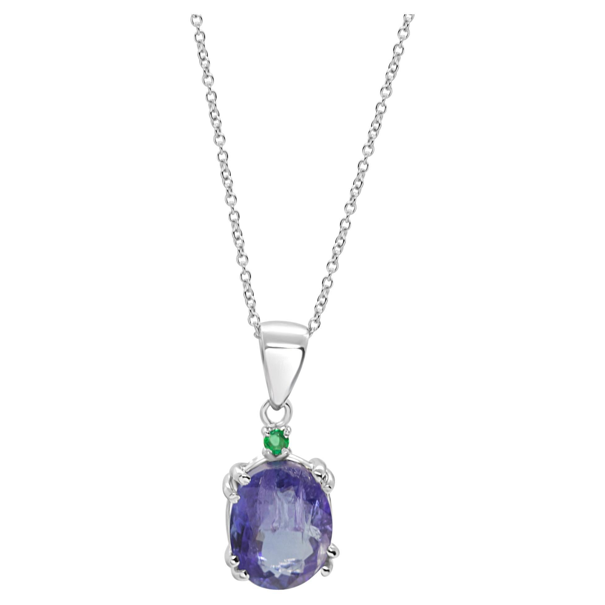 Intini Jewels Natural Tanzanite Emerald 18k White Gold Pendant Cocktail Necklace For Sale