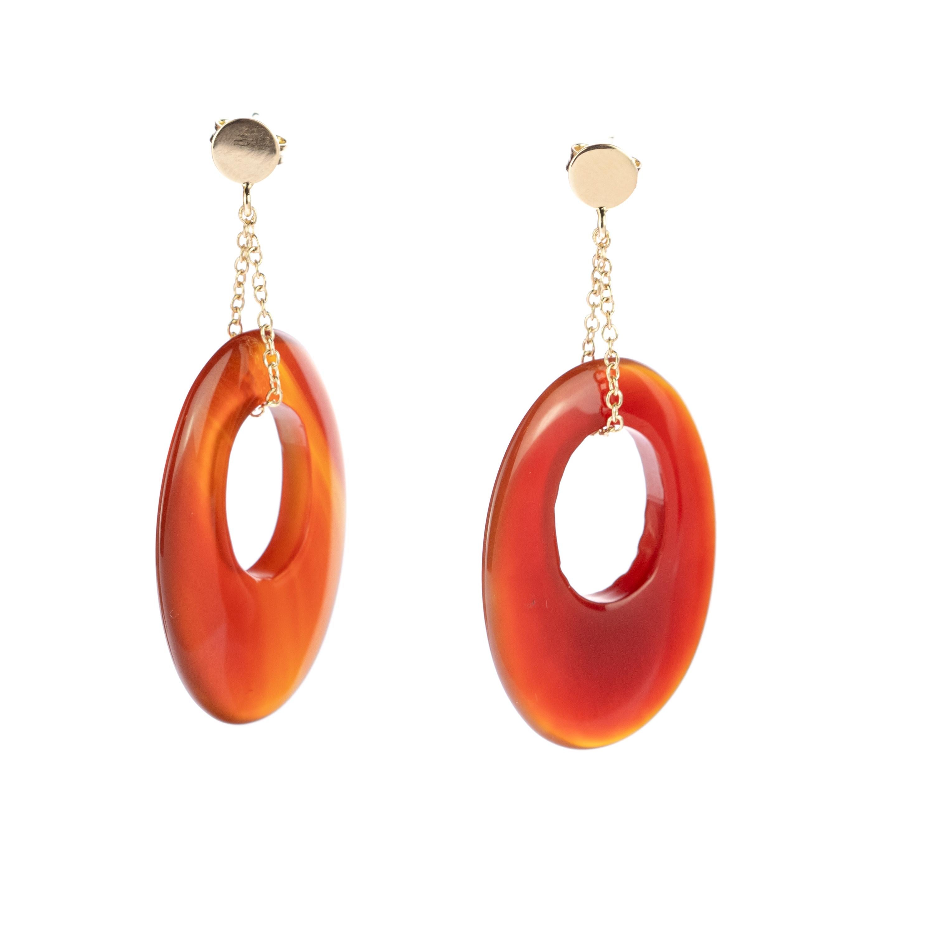 tini Jewels Oval Karneol Nussbaum 18 Karat Gelbgold Tropfenohrringe mit Anhängern im Angebot 2