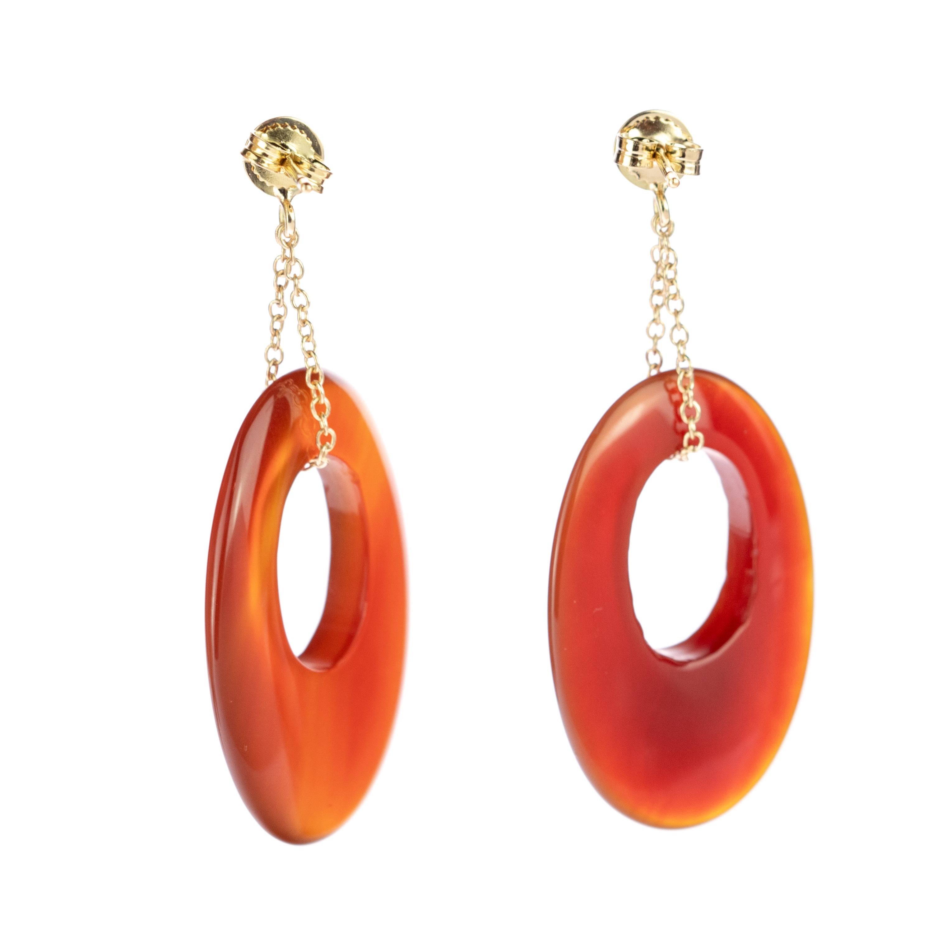 tini Jewels Oval Karneol Nussbaum 18 Karat Gelbgold Tropfenohrringe mit Anhängern im Angebot 3