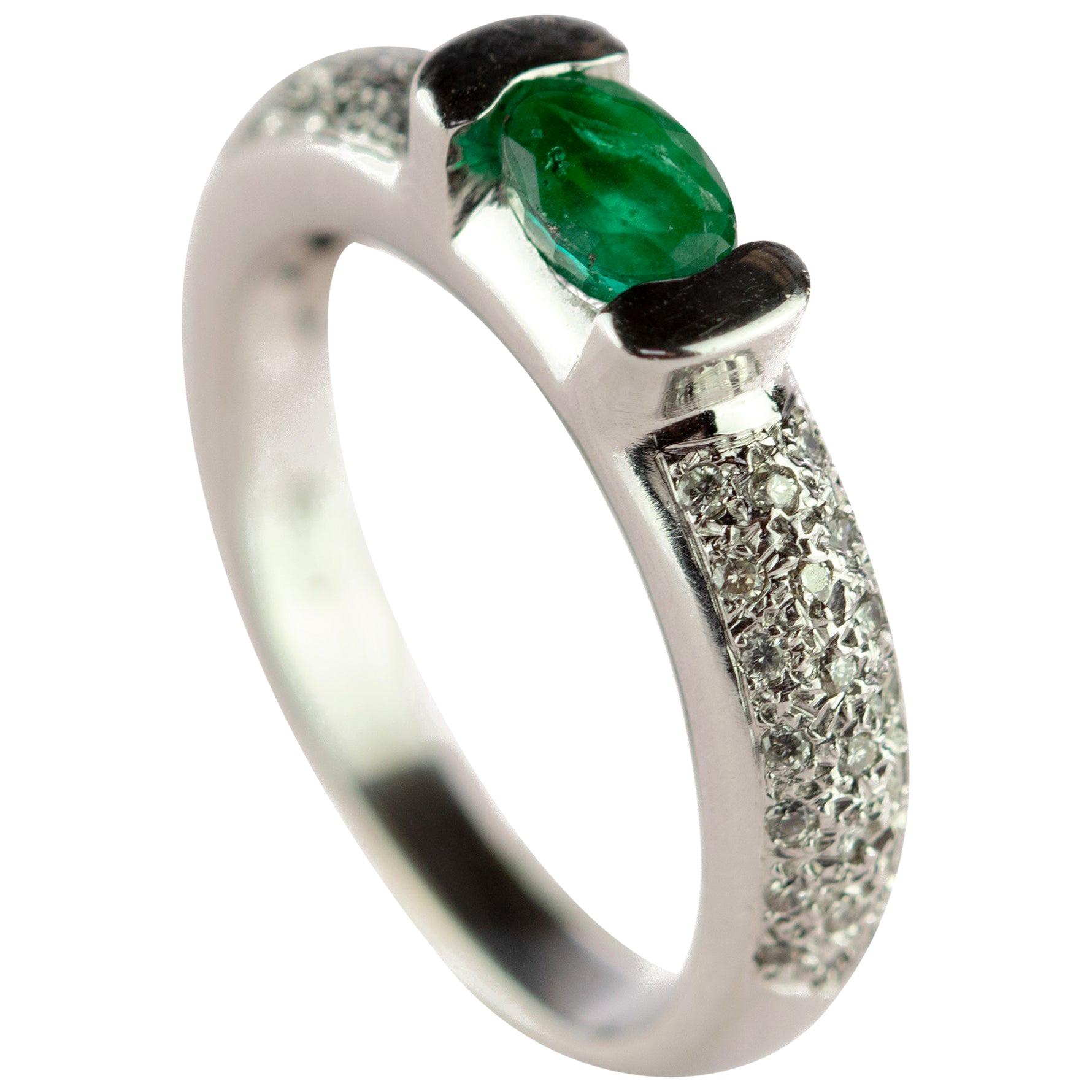 Intini Jewels Oval Emerald Diamond 18 Karat White Gold Cocktail Solitaire Ring For Sale