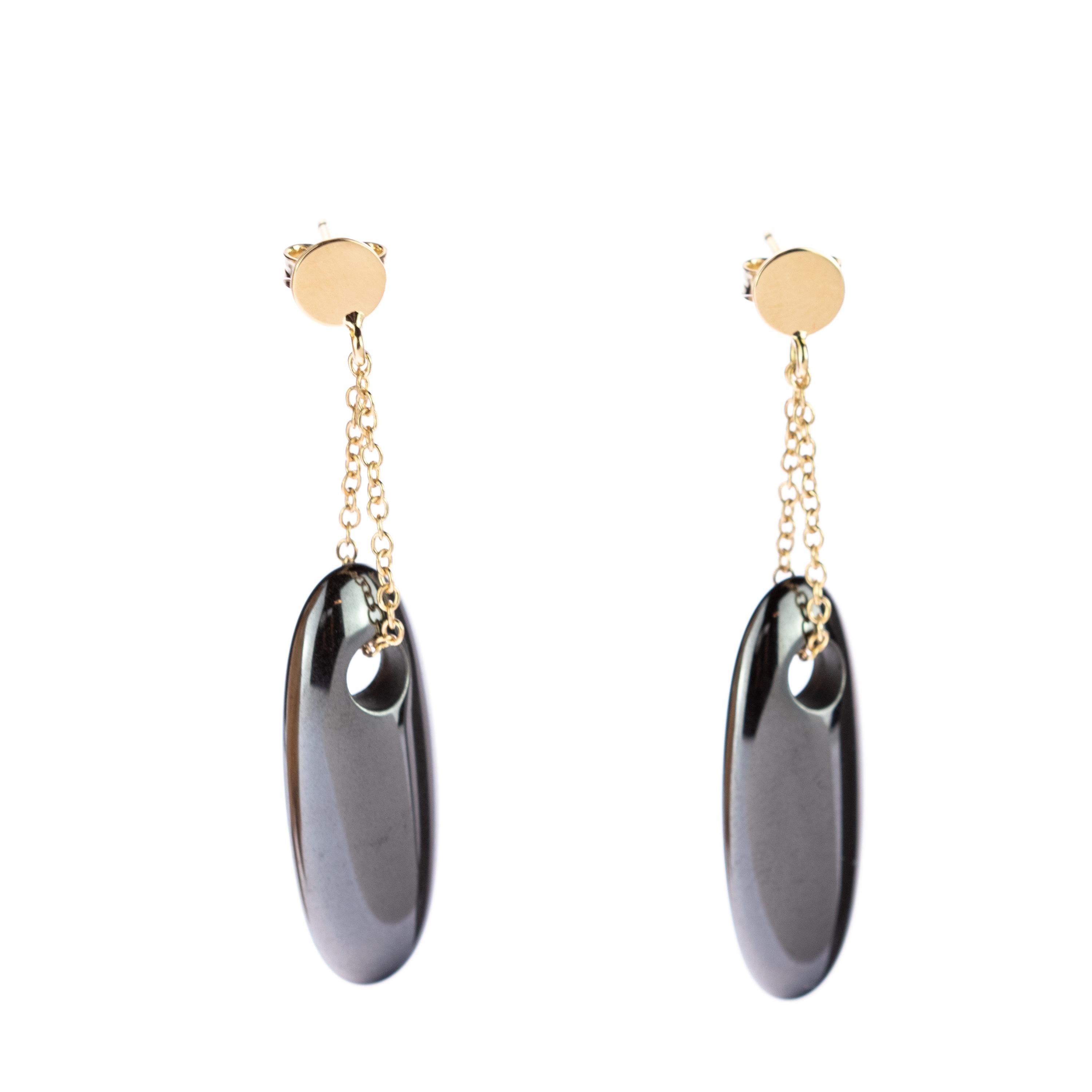 Intini Jewels Oval Hematite Donut 18 Karat Yellow Gold Dangle Drop Earrings In New Condition For Sale In Milano, IT