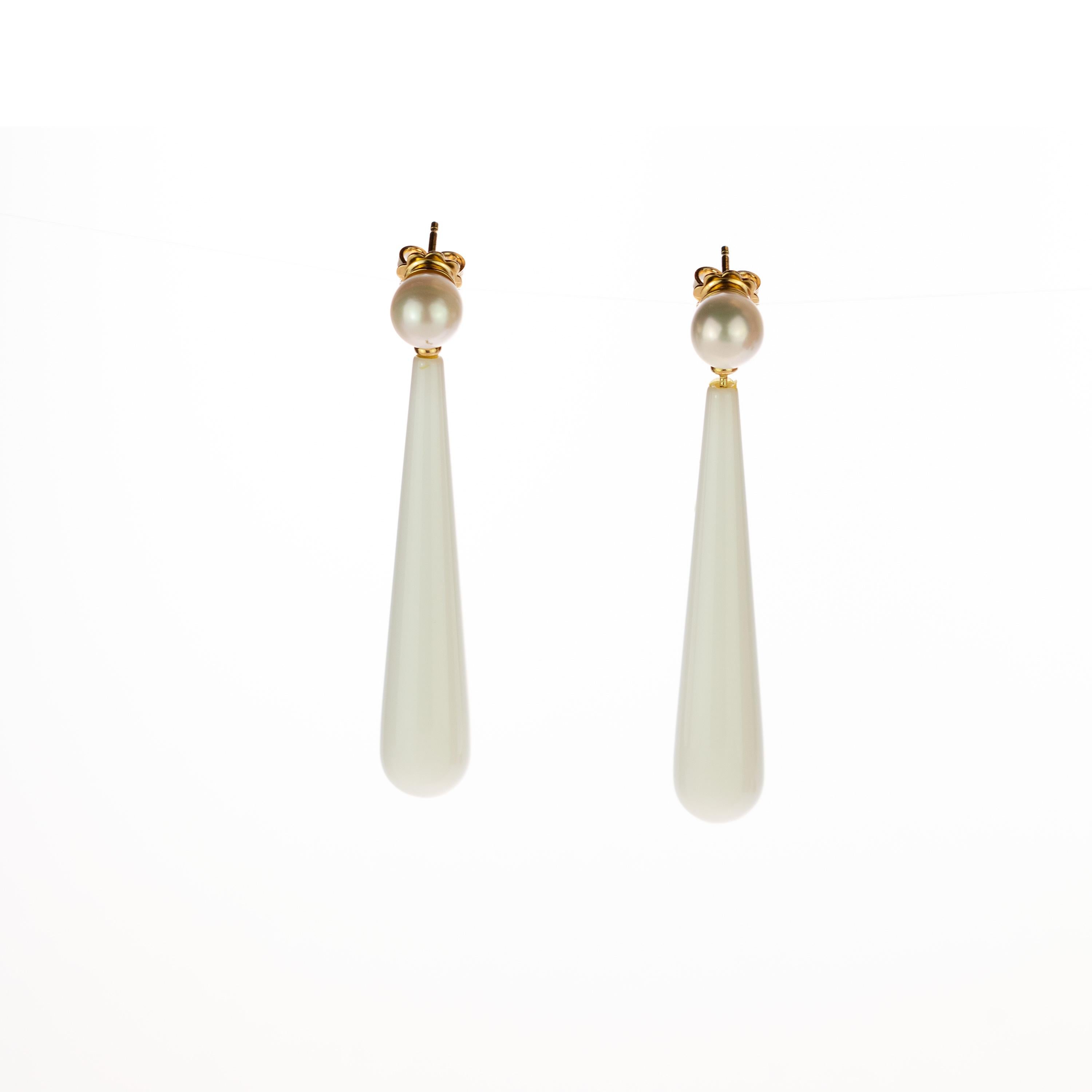 Taille mixte Intini Jewels Boucles d'oreilles pendantes de mariée en or 18 carats avec perles et agate en forme de larme, fabrication artisanale en vente