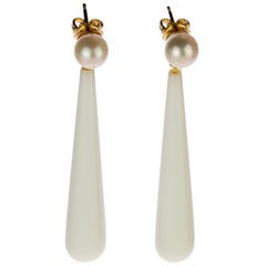 Intini Jewels Pearl Agate 18 Karat Gold Long Tear Crafted Drop Bride Earrings