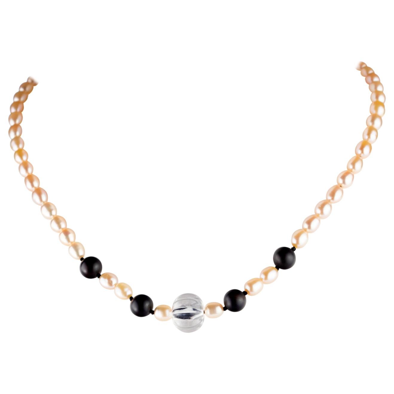 Intini Jewels Collier moderne en or jaune 14 carats avec perles, agate, cristal de roche et perles