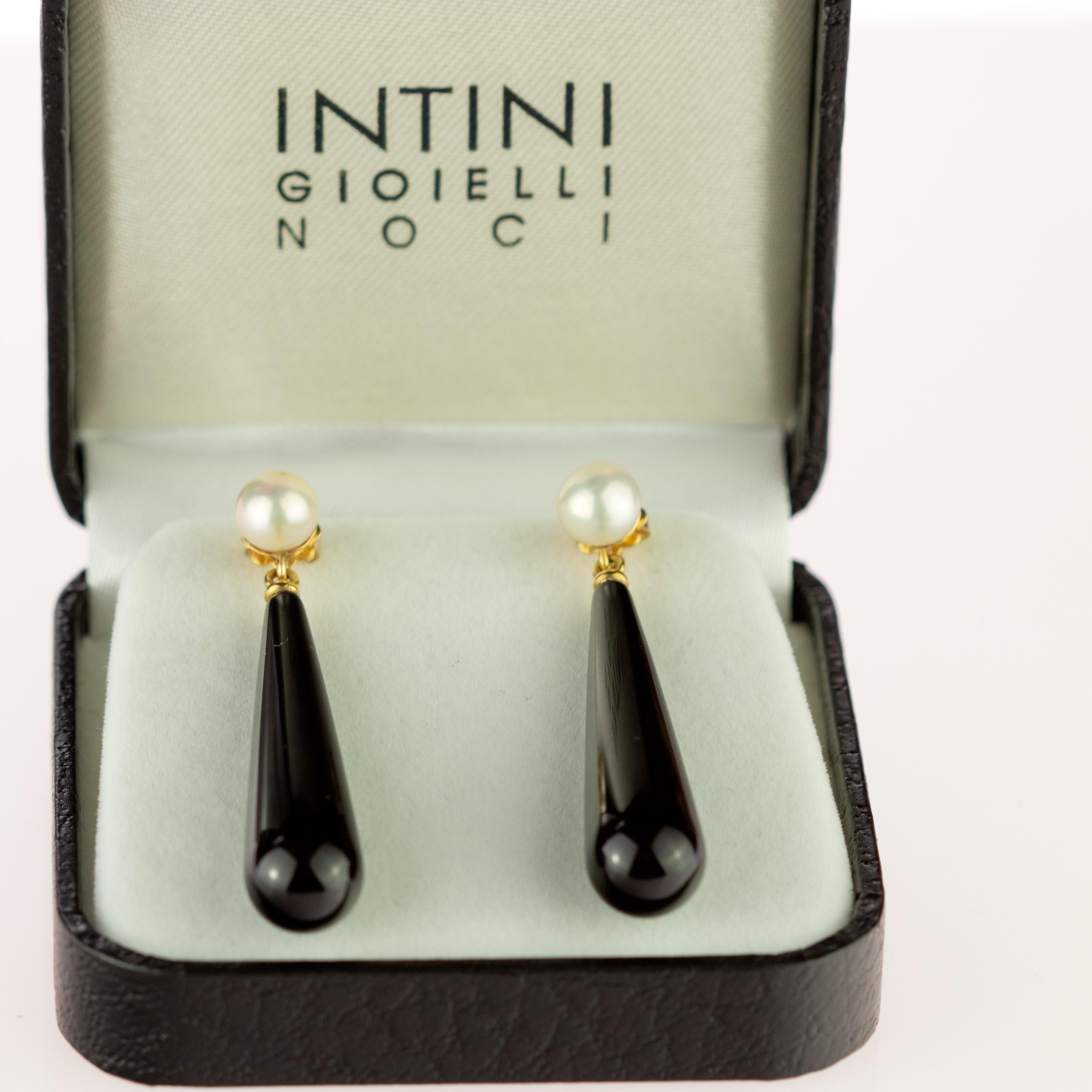 Intini Jewels Pearl Black Agate 18 Karat Gold Bold Tear Drop Dangle Earrings Art Decó