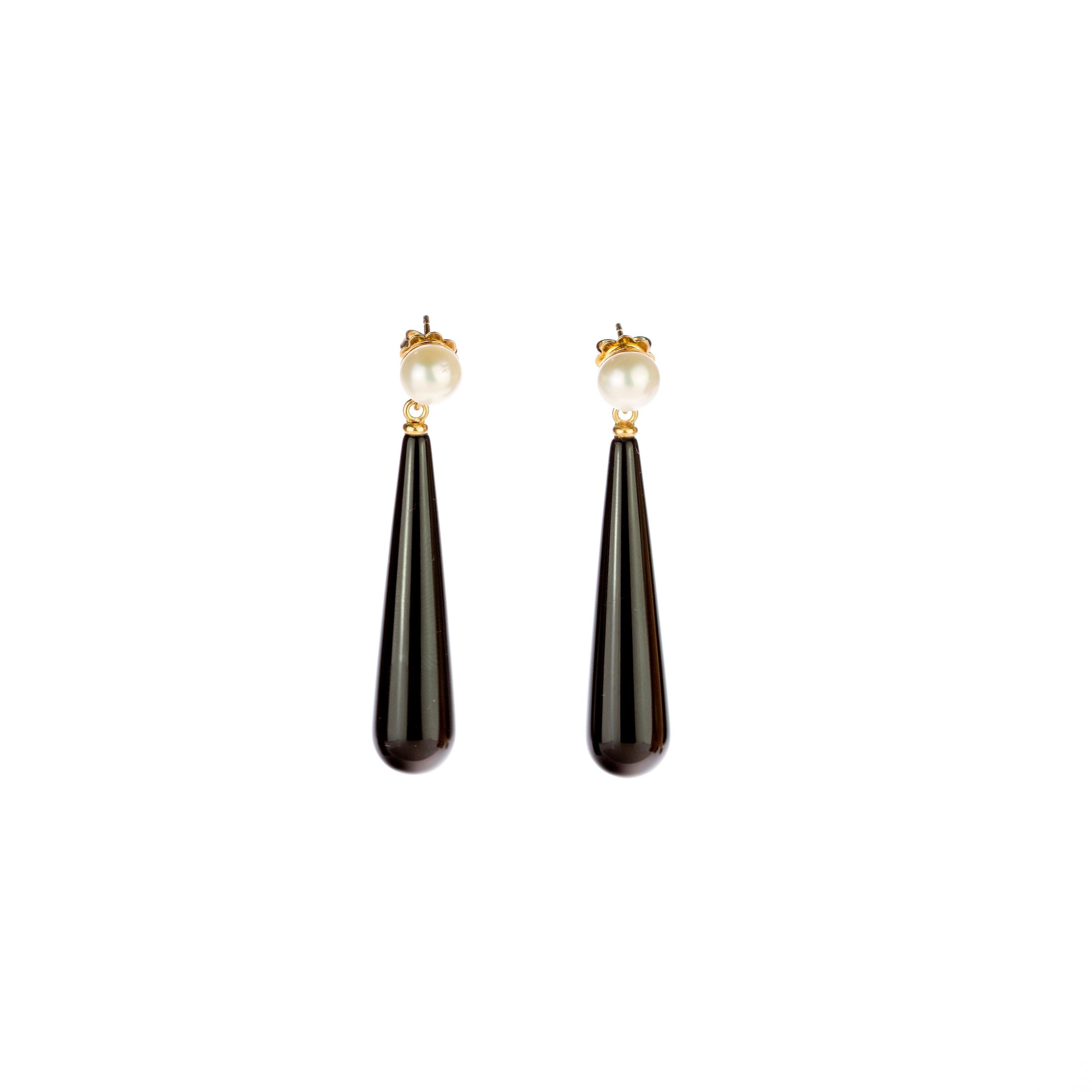 Pear Cut Intini Jewels Pearl Black Agate 18 Karat Gold Bold Tear Drop Dangle Earrings For Sale