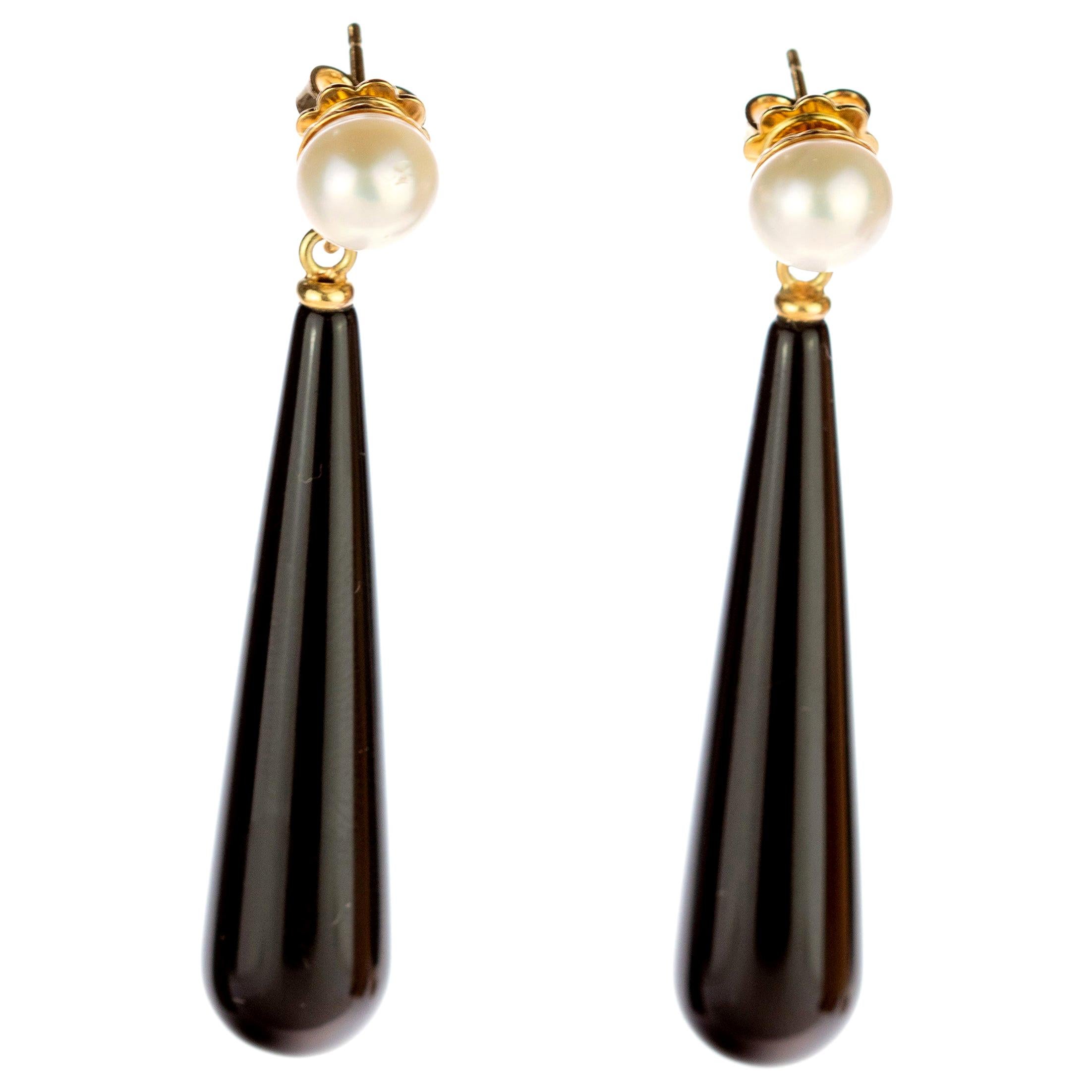 Intini Jewels Pearl Black Agate 18 Karat Gold Bold Tear Drop Dangle Earrings For Sale