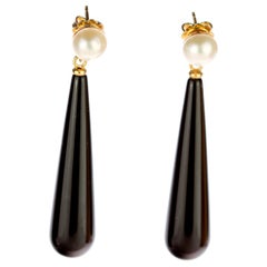 Intini Jewels Pearl Black Agate 18 Karat Gold Bold Tear Drop Dangle Earrings